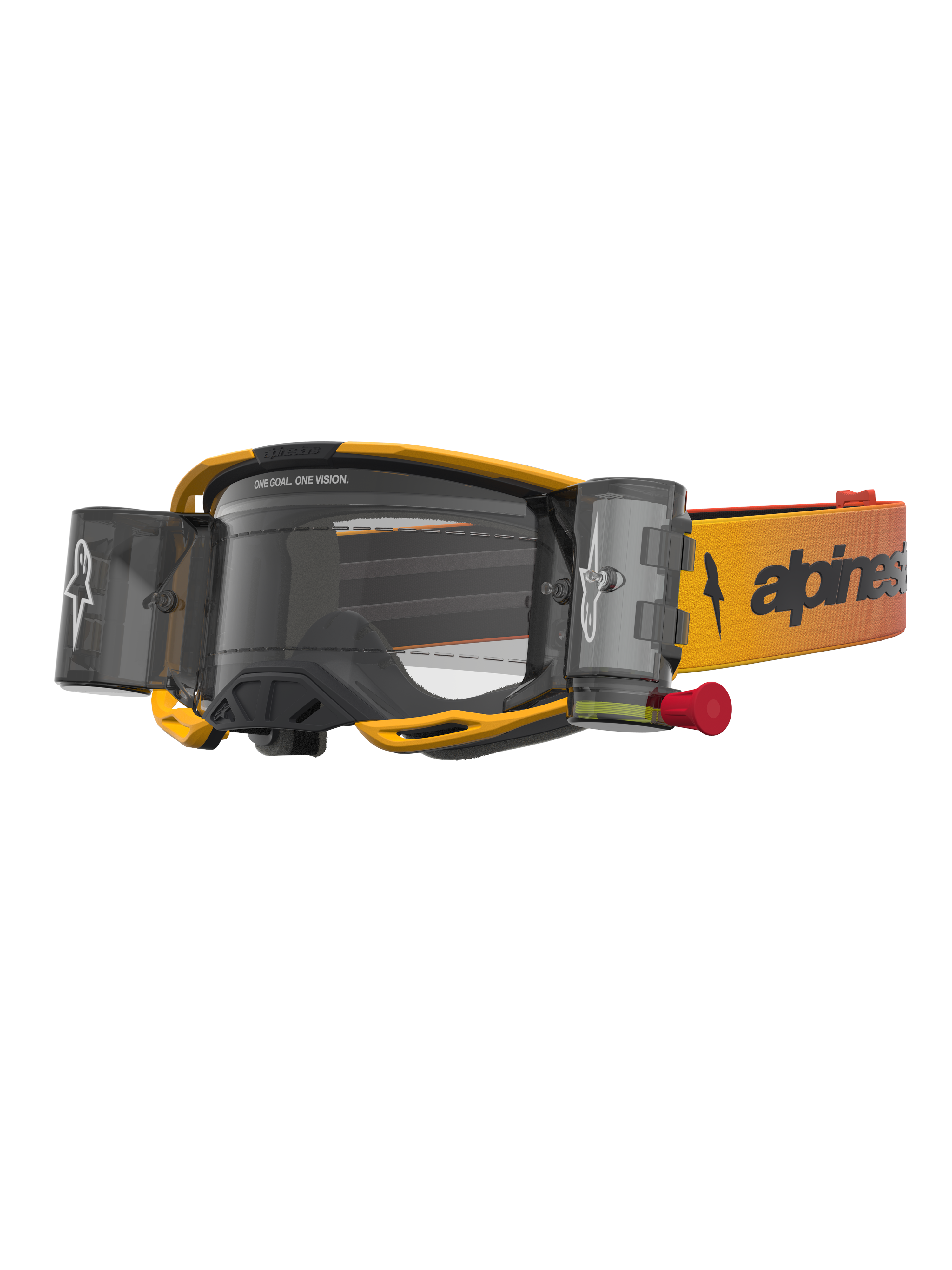 Alpinestars Vision 8 Amber Roll Off Goggles, Yellow and Red motocross goggles with clear lens and roll-off system.