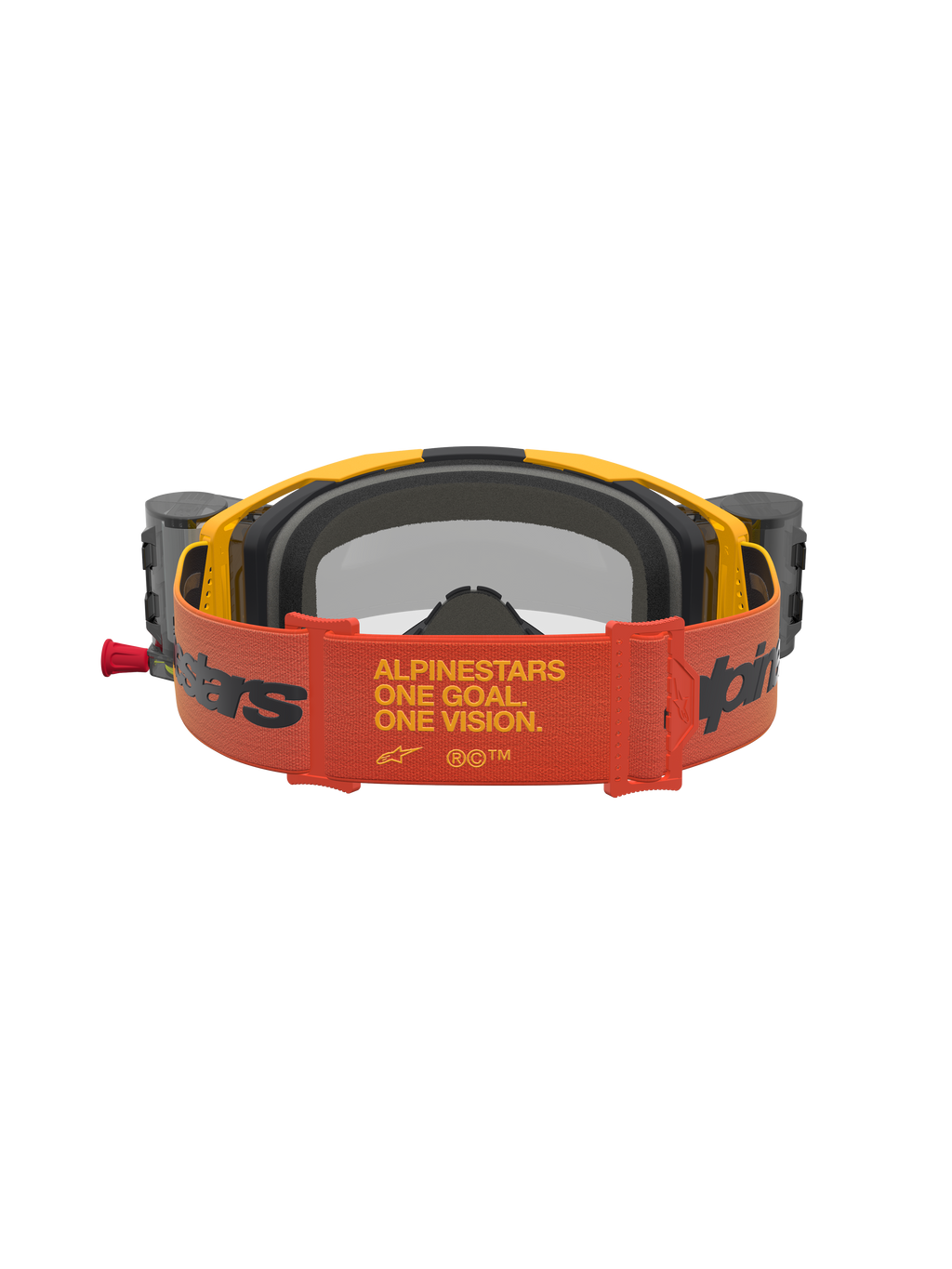 Alpinestars Vision 8 Amber Roll Off goggles, motocrossgoggles, gul og rød, set bagfra med bred rem og roll-off system.