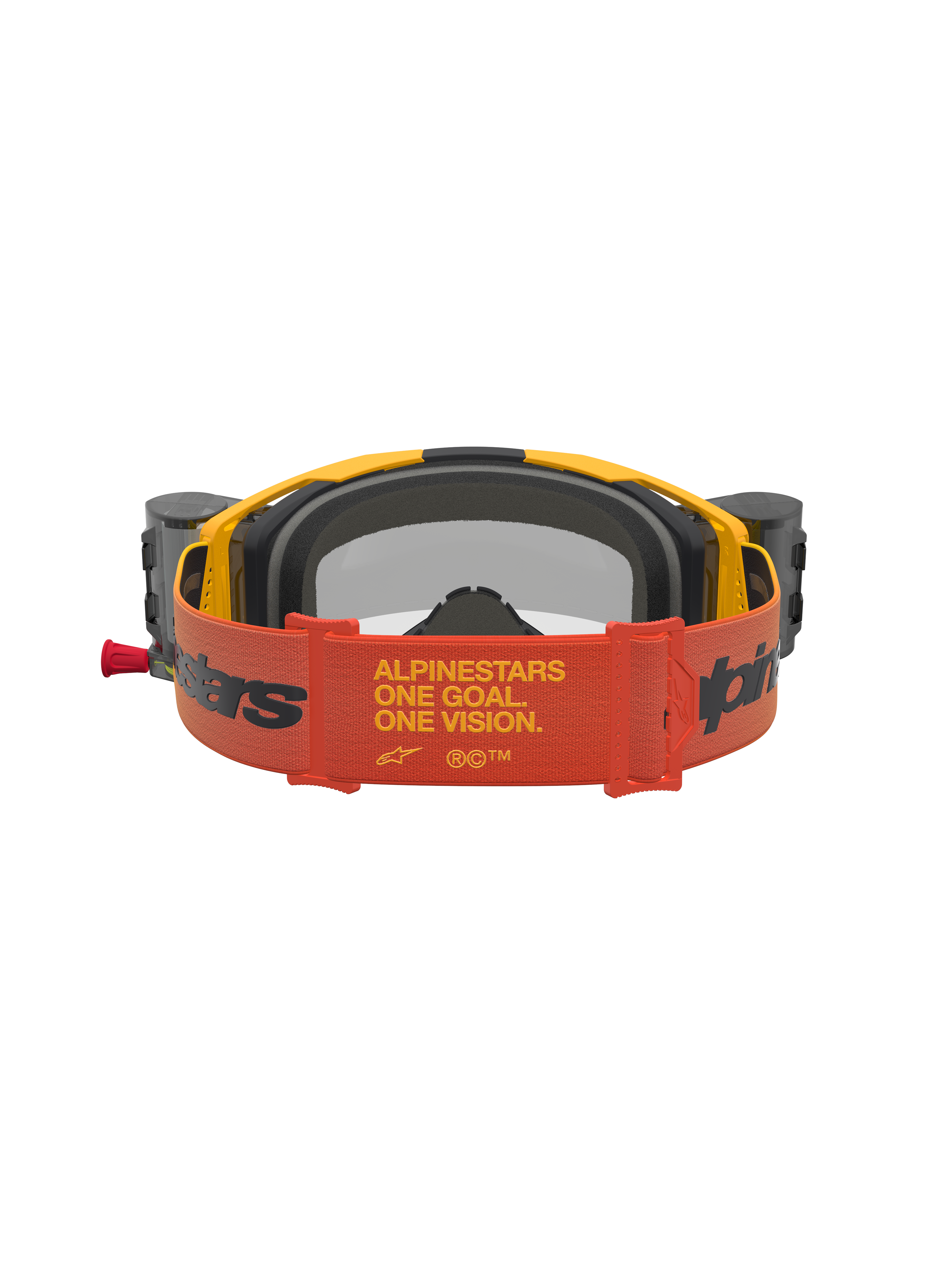 Alpinestars Vision 8 Amber Roll Off goggles, motocrossgoggles, gul og rød, set bagfra med bred rem og roll-off system.