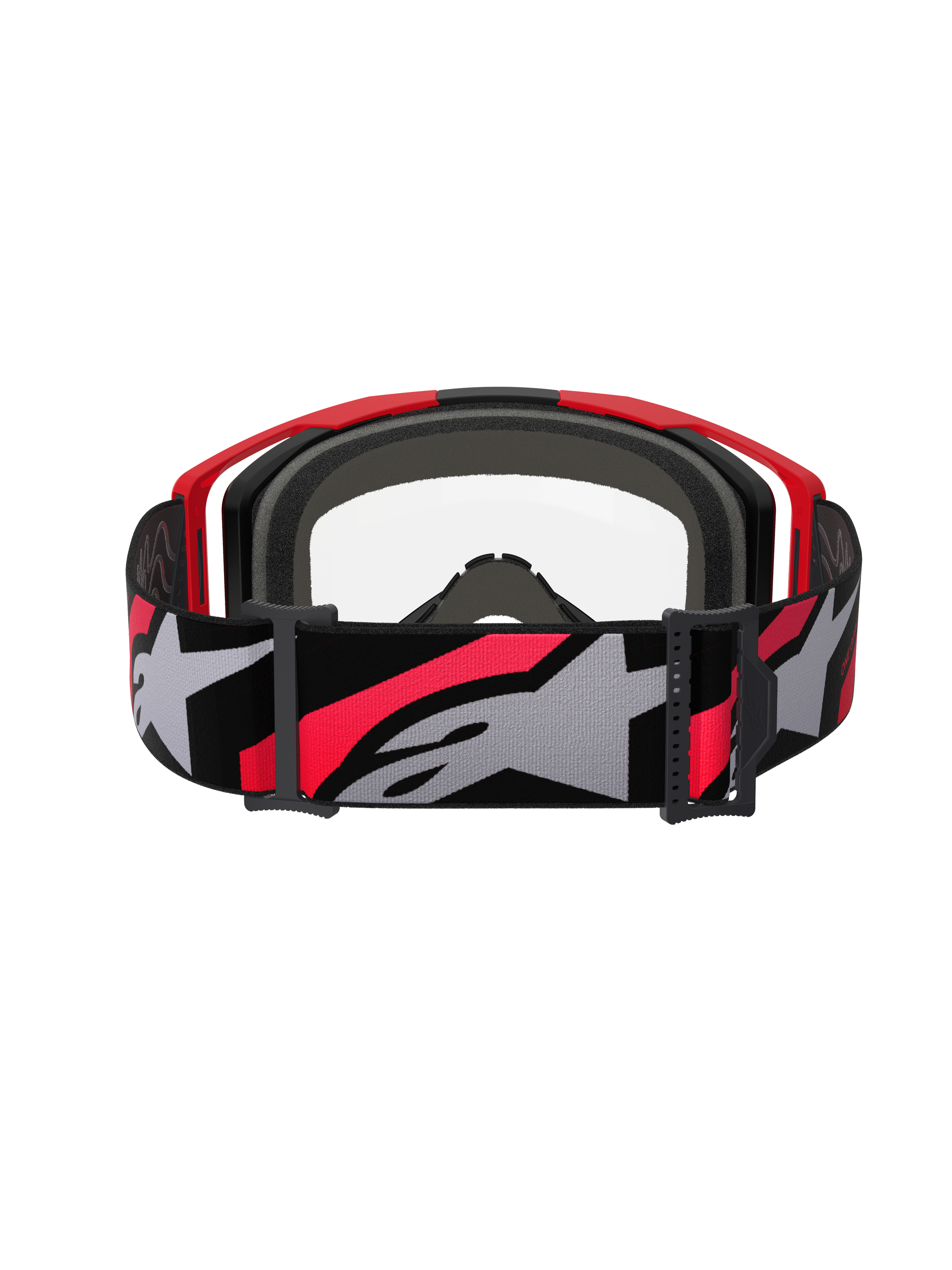 Alpinestars Vision 8 Luar Goggles, motocross-briller, rød, sort og klar, set bagfra med en bred vævet strop med markant stjernelogo, flerlags ansigtsskum og letvægts A-FLEX-rammedesign