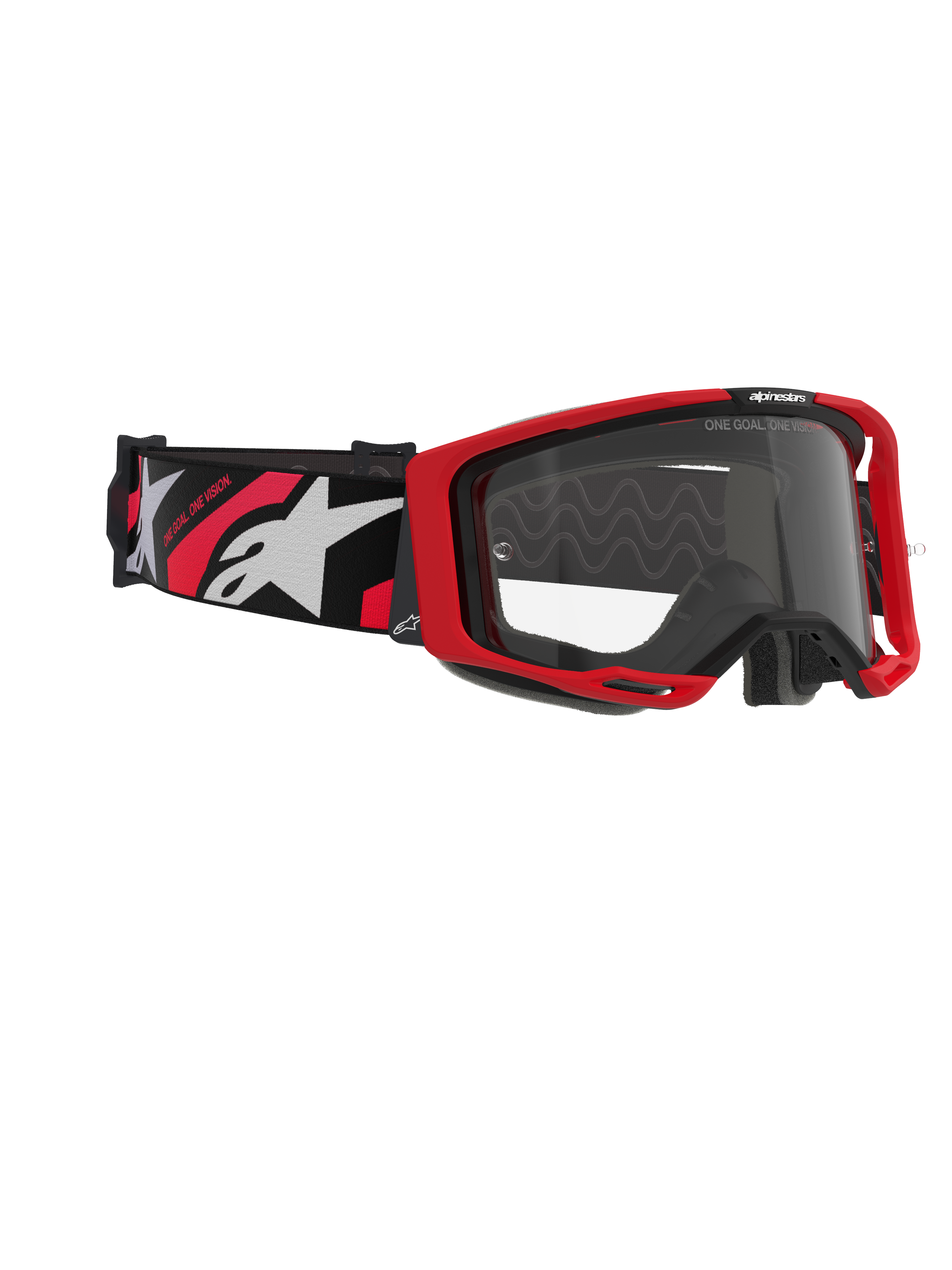Alpinestars Vision 8 Luar Goggles, motocross-briller, rød, sort og klar, med rød ramme, klar anti-dug linse og en sort rem med hvide og røde logoer, professionel øjenbeskyttelse til terrænkørsel