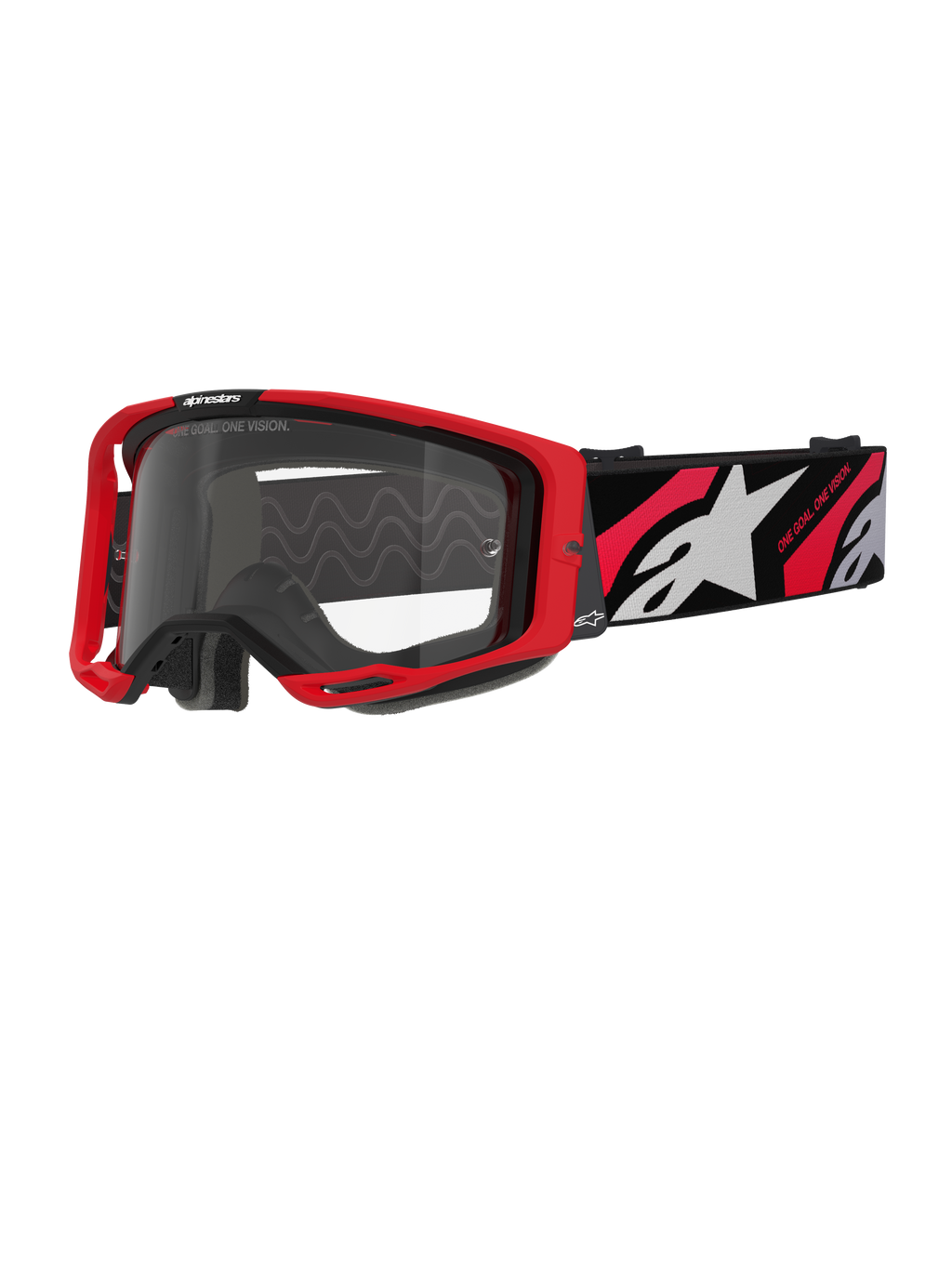 Alpinestars Vision 8 Luar Goggles, motocross-briller, rød og sort med klar linse, med en rød A-FLEX-ramme, klar anti-dug-linse og en sort vævet rem med rød og hvid grafik og Alpinestars-branding