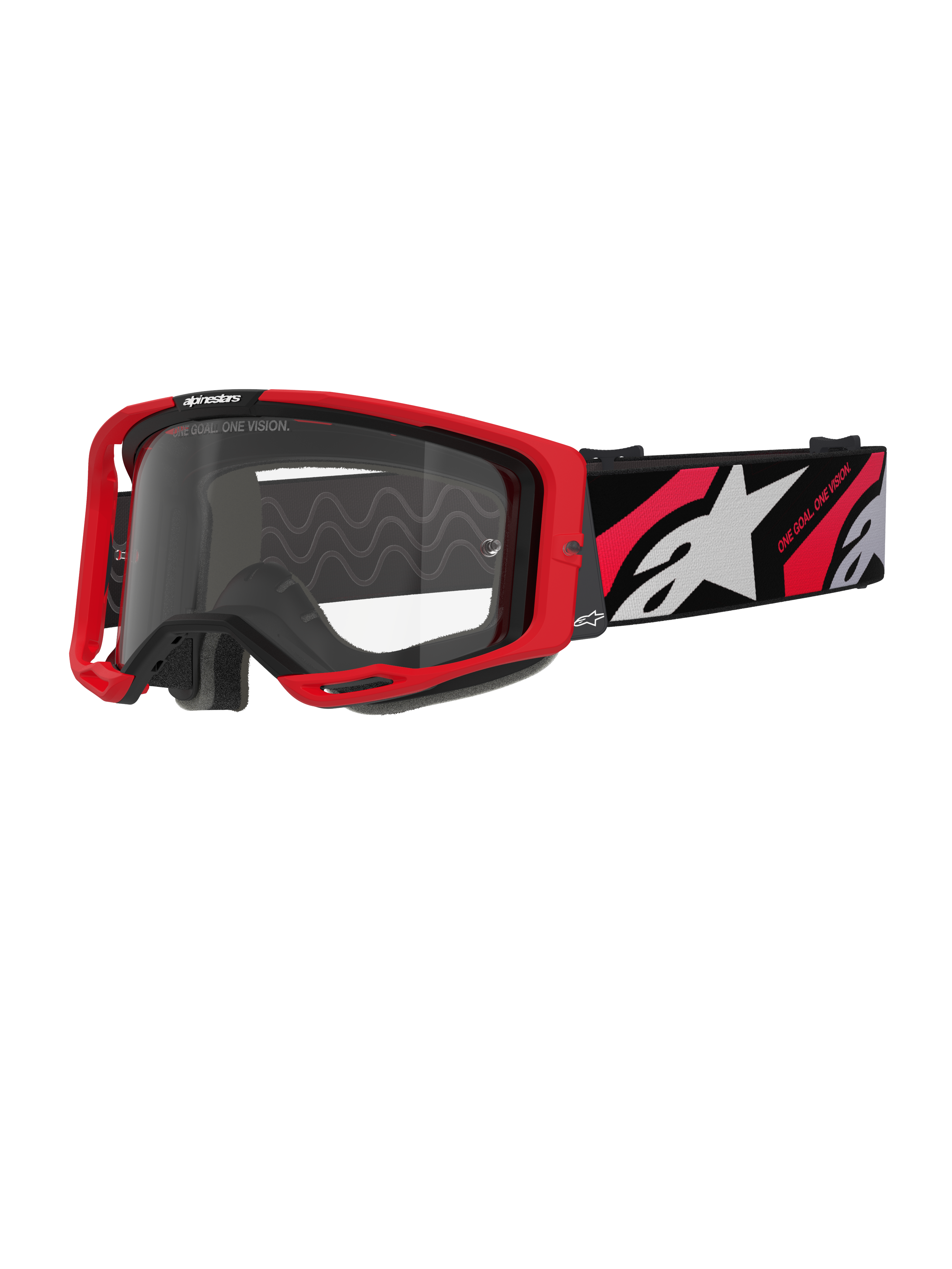 Alpinestars Vision 8 Luar Goggles, motocross-briller, rød og sort med klar linse, med en rød A-FLEX-ramme, klar anti-dug-linse og en sort vævet rem med rød og hvid grafik og Alpinestars-branding