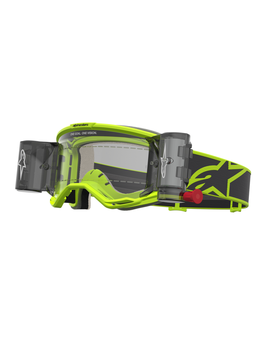 Alpinestars Vision 5 Rora roll-off-goggles, gul fluo og sort, motocrossbriller med klar linse og integreret roll-off-system.