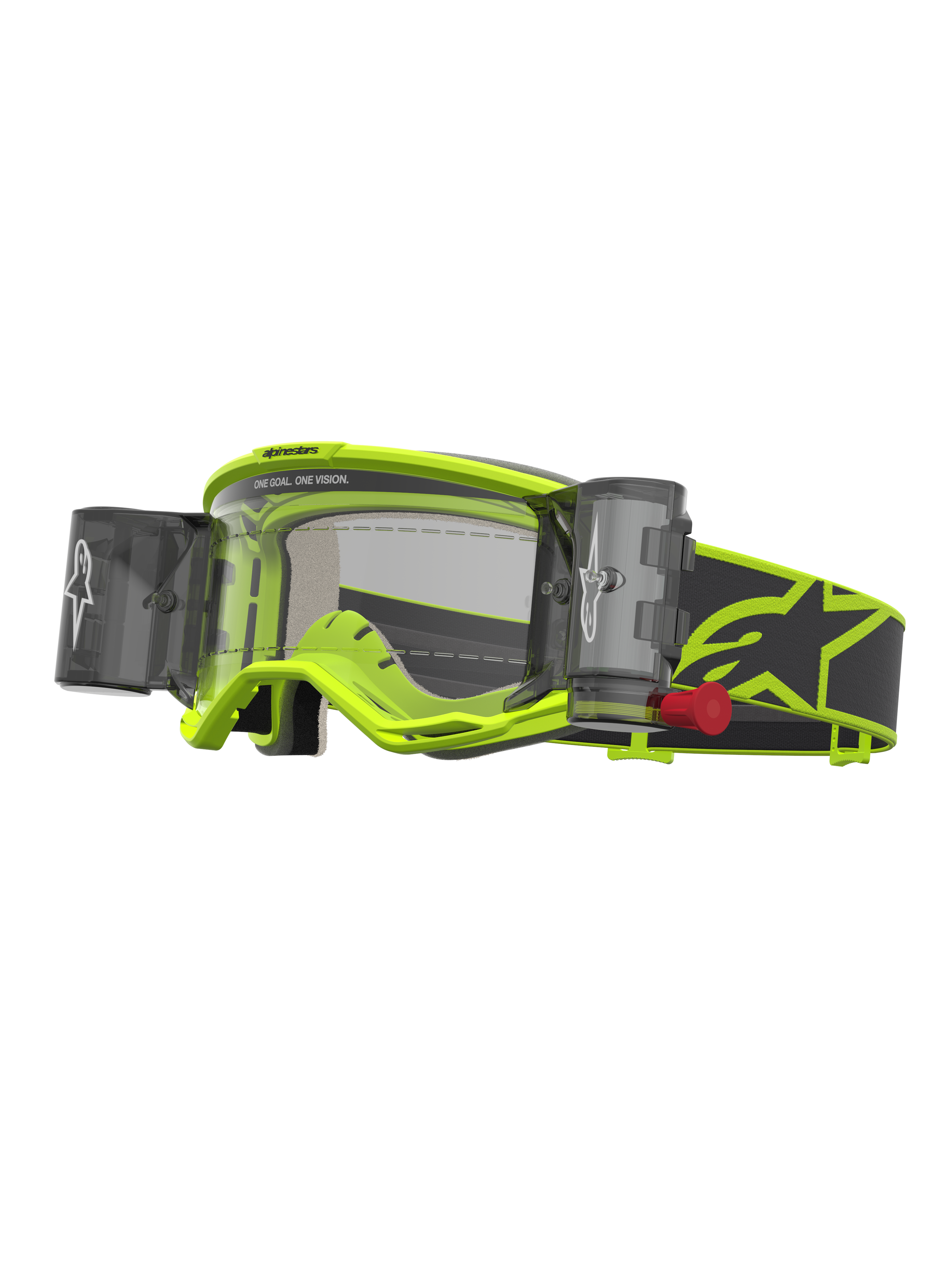 Alpinestars Vision 5 Rora roll-off-goggles, gul fluo og sort, motocrossbriller med klar linse og integreret roll-off-system.