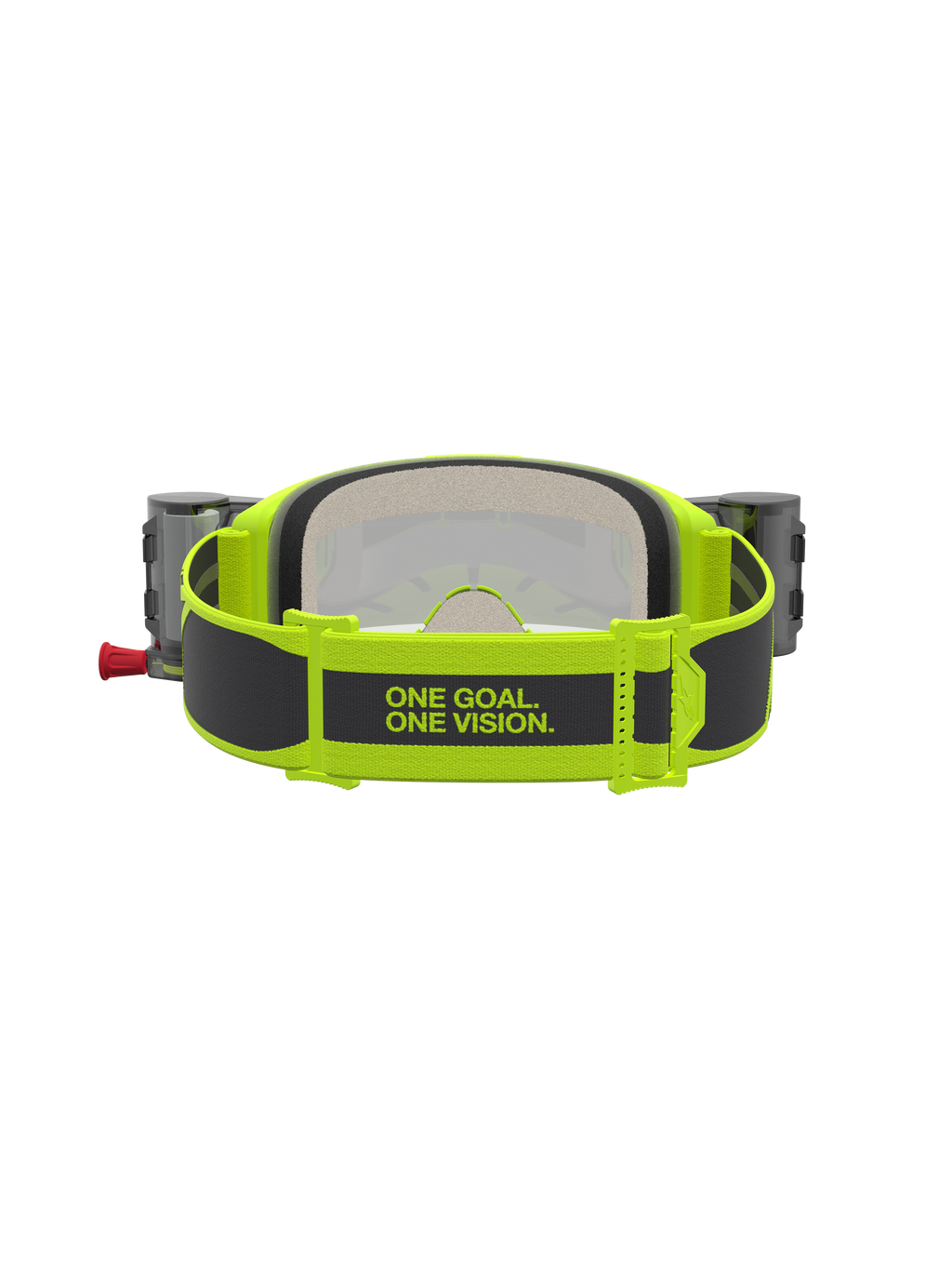 Alpinestars Vision 5 Rora Roll Off Goggles, gul fluo og sort, rem med sloganet ONE GOAL. ONE VISION. og roll off-beholdere