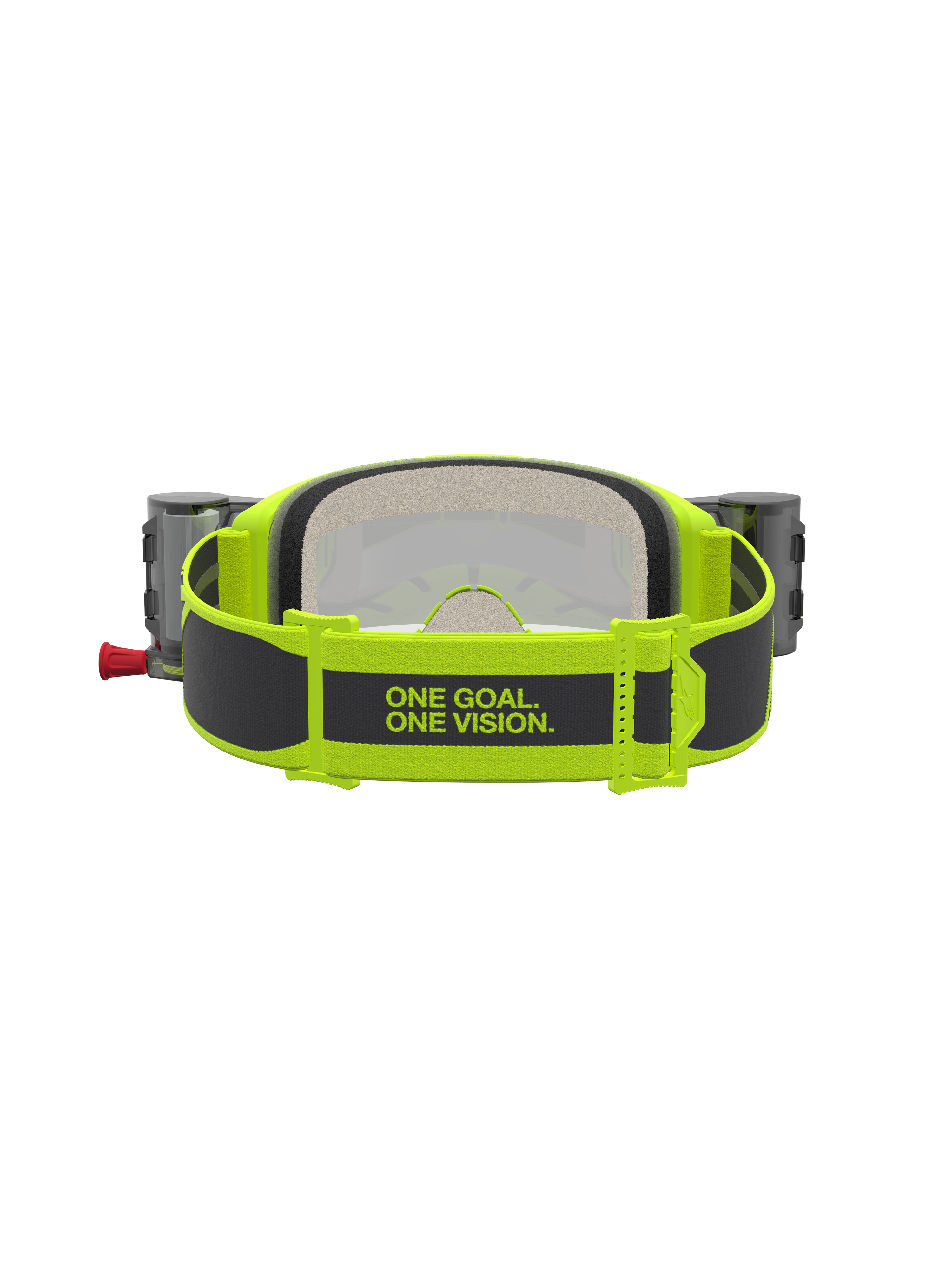 Alpinestars Vision 5 Rora Roll Off Goggles, gul fluo og sort, rem med sloganet ONE GOAL. ONE VISION. og roll off-beholdere