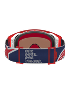 Alpinestars Supertech LE Fiftyfold goggles, blå og rød, med One Goal One Vision-tekst på remmen til motocross.