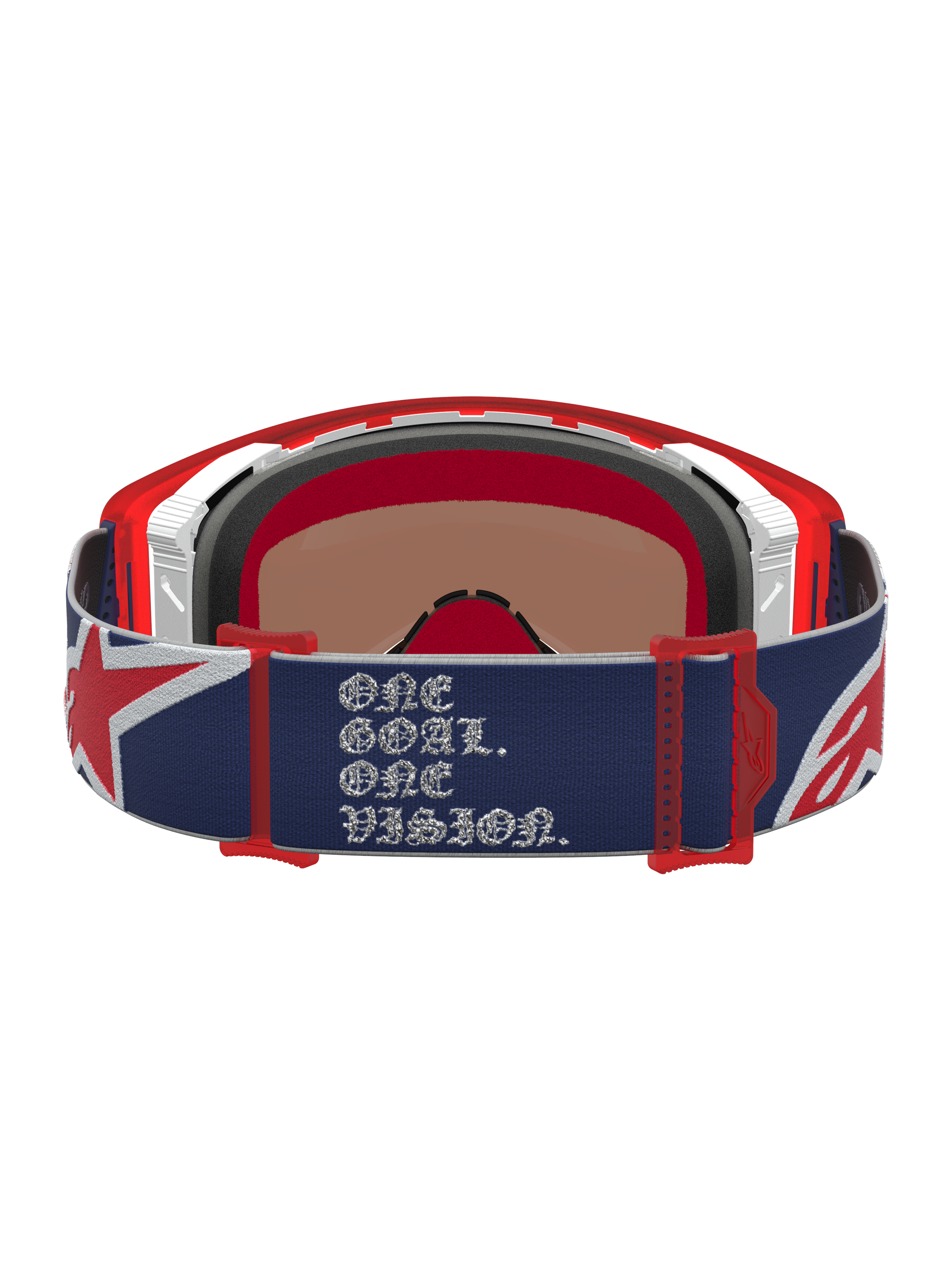 Alpinestars Supertech LE Fiftyfold goggles, blå og rød, med One Goal One Vision-tekst på remmen til motocross.