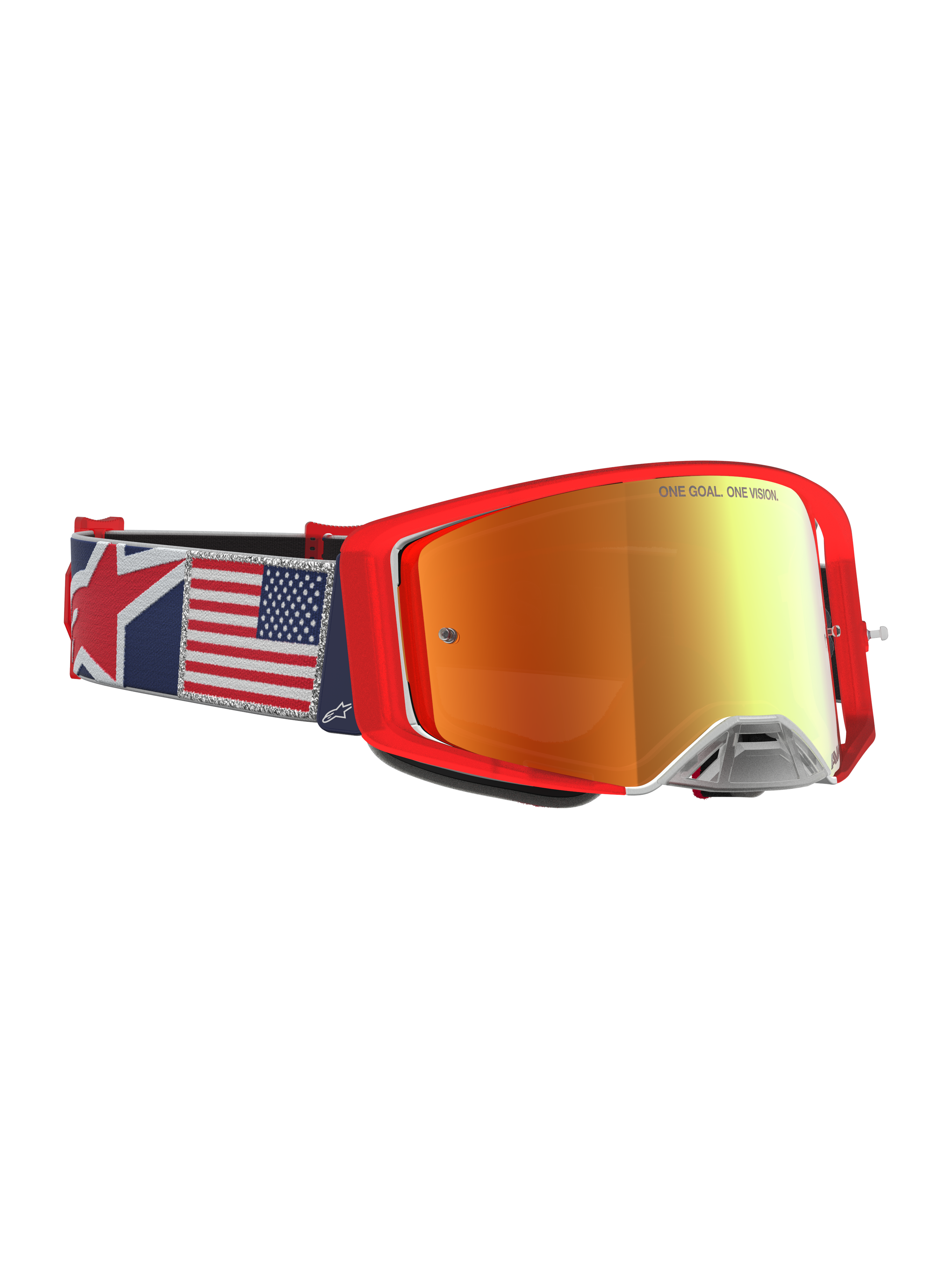 Alpinestars Supertech LE Fiftyfold goggles, røde motocrossgoggles med rød spejllinse og USA-flag på remmen