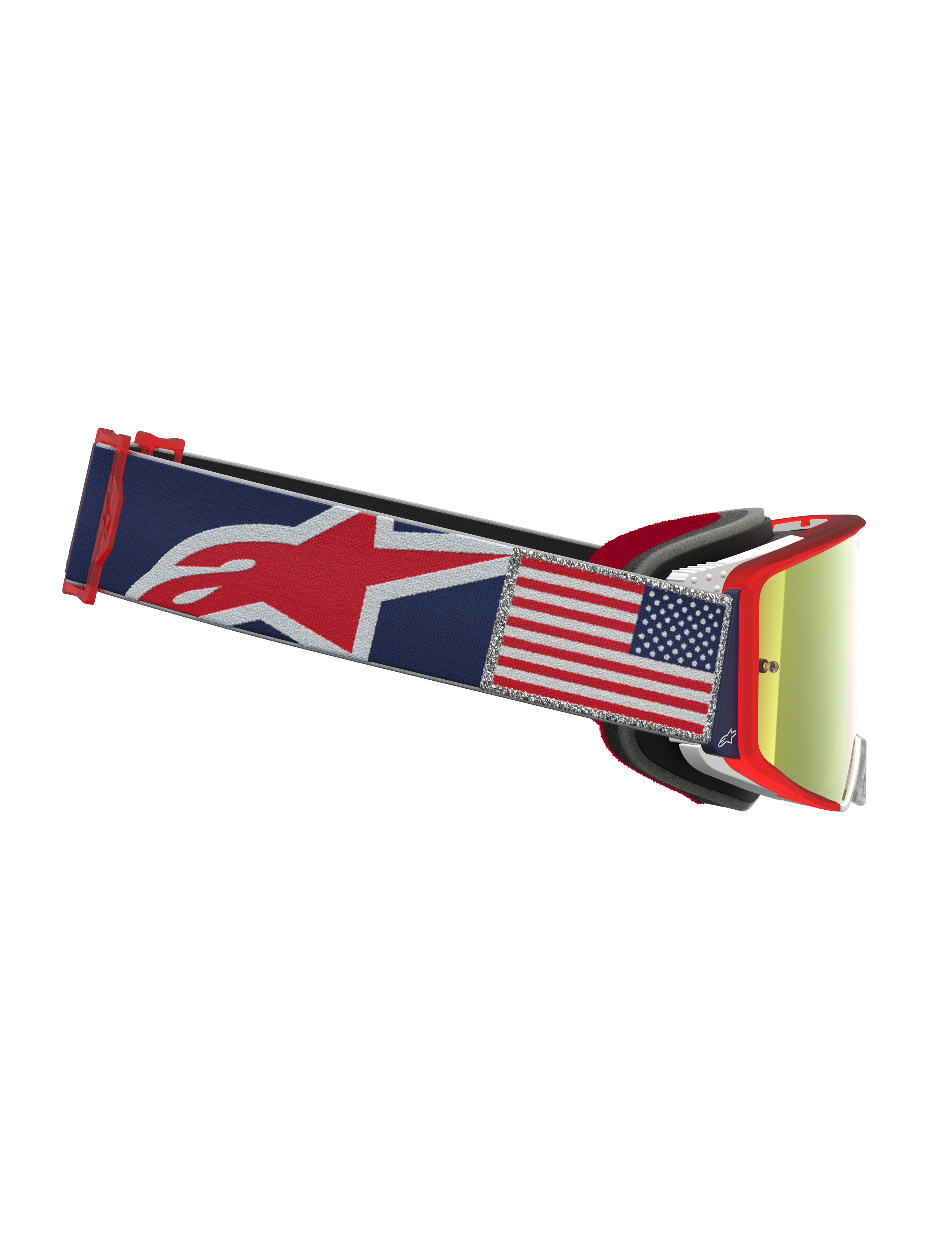 Alpinestars Supertech Fiftyfold Limited Edition motocross-goggles, blå og rød med rød spejllinse og USA-flagpatch.