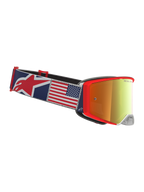 Alpinestars Supertech Fiftyfold Goggles, blå og røde motocross-goggles med rem i amerikansk flag-grafik.