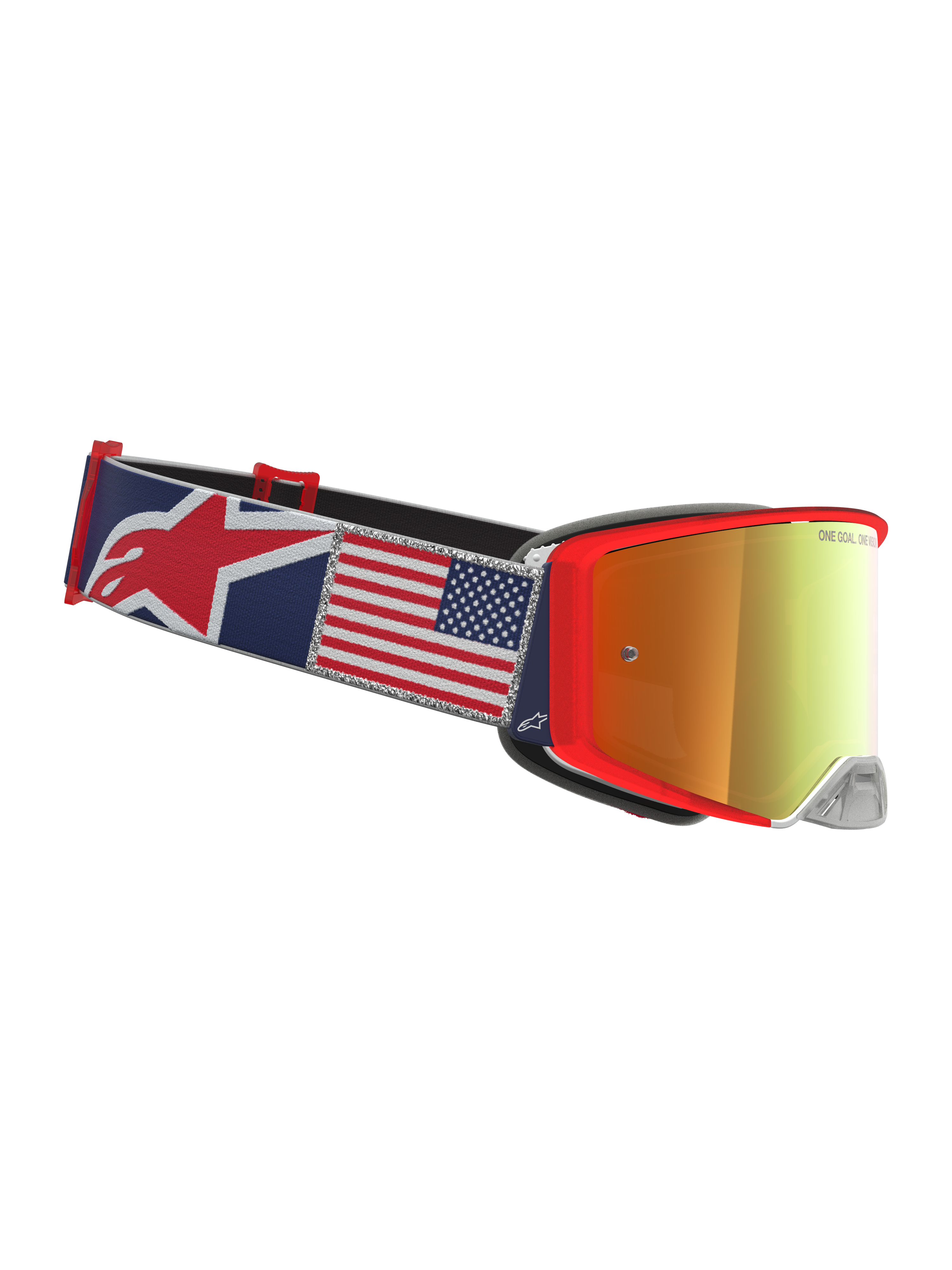 Alpinestars Supertech Fiftyfold Goggles, blå og røde motocross-goggles med rem i amerikansk flag-grafik.