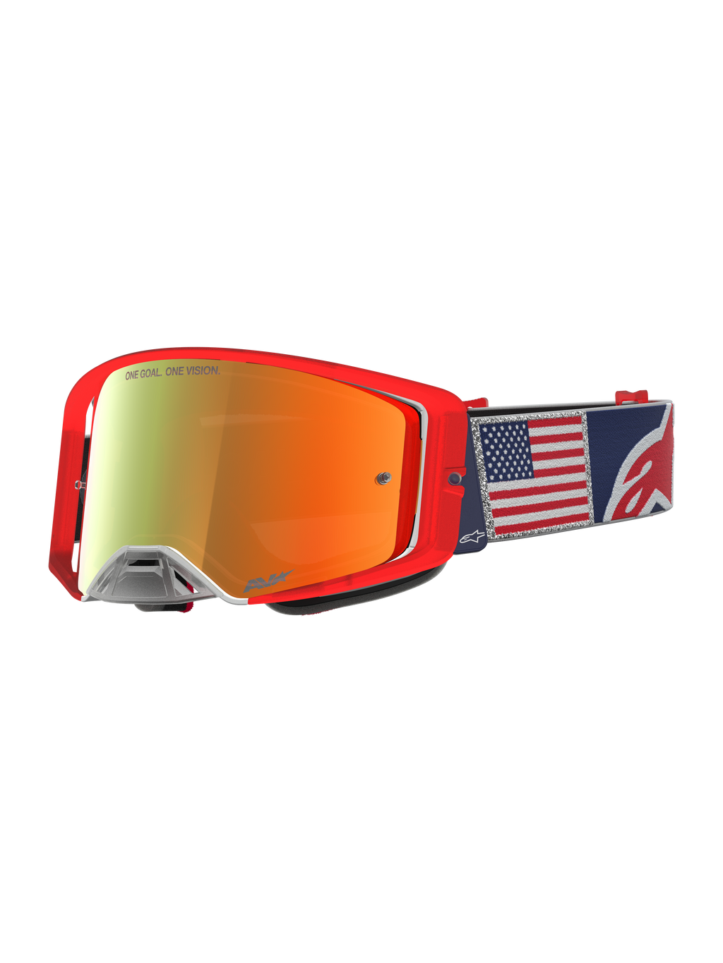 Alpinestars Supertech Fiftyfold Goggles, rød og blå limited edition MX-goggles med spejllinse og USA-flag på remmen