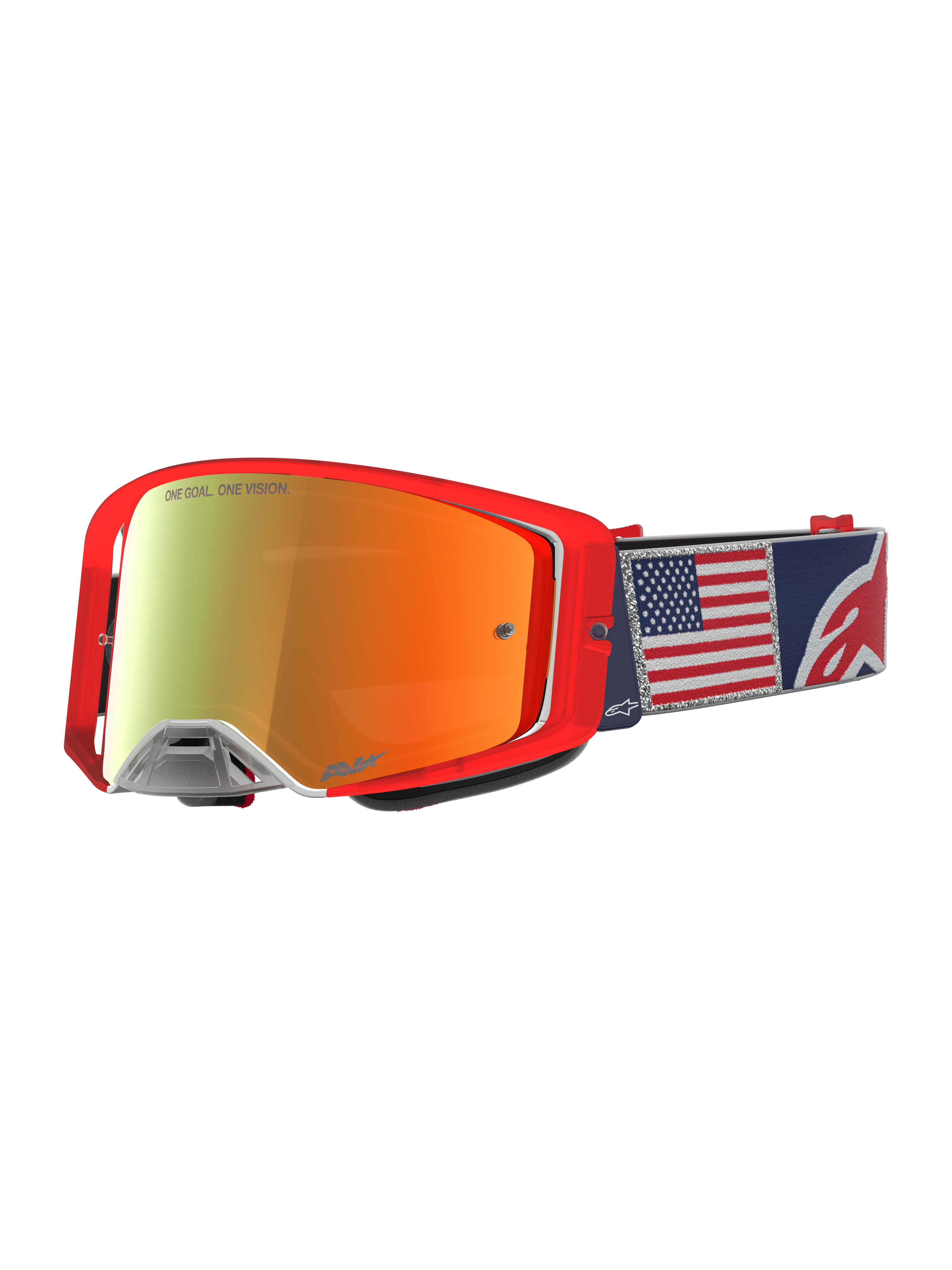 Alpinestars Supertech Fiftyfold Goggles, rød og blå limited edition MX-goggles med spejllinse og USA-flag på remmen