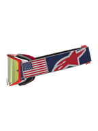 Alpinestars Supertech LE Fiftyfold goggles, motocrossgoggles med rød ramme, blå rem med USA-flag og spejllinse