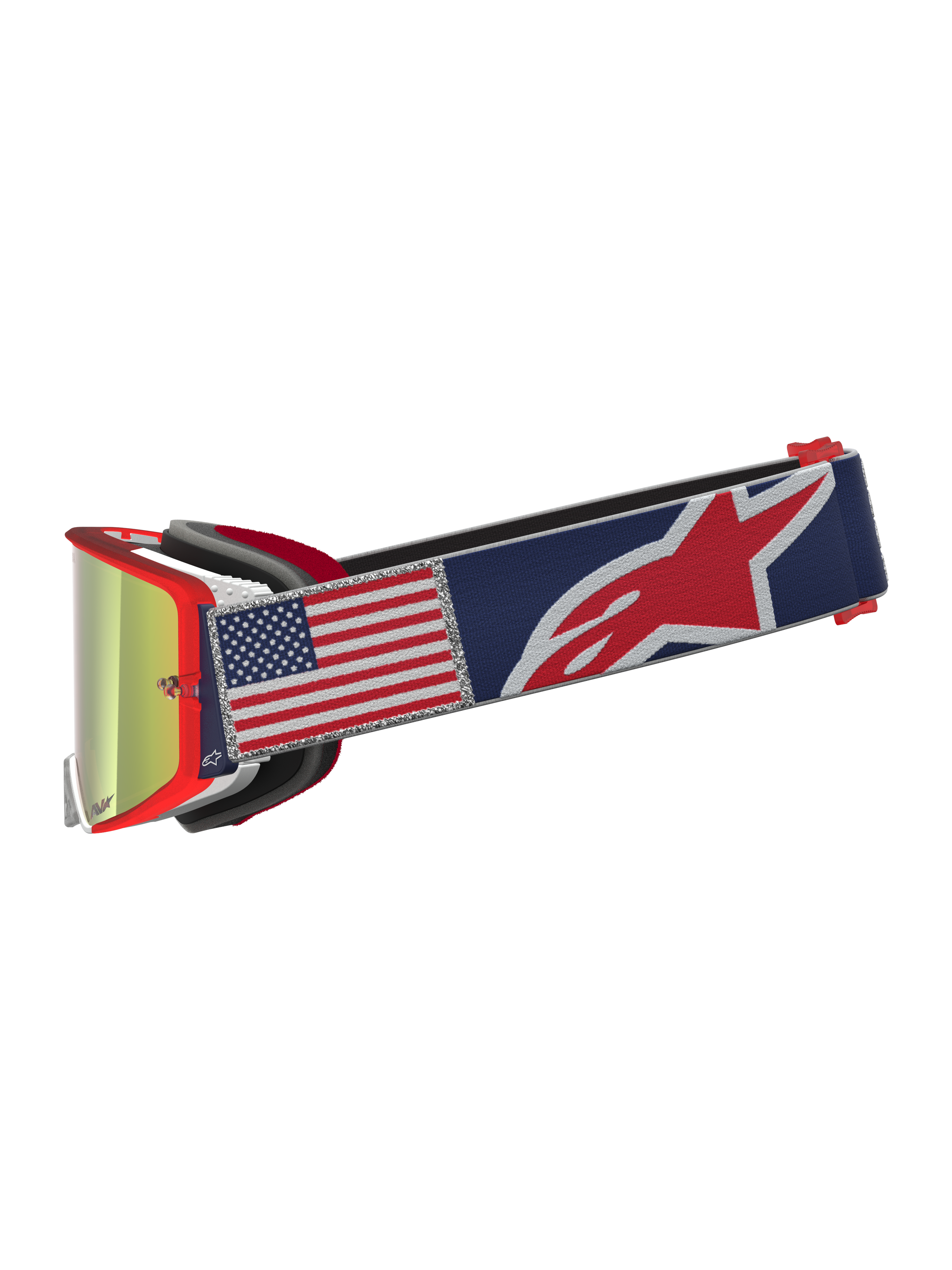 Alpinestars Supertech LE Fiftyfold goggles, motocrossgoggles med rød ramme, blå rem med USA-flag og spejllinse