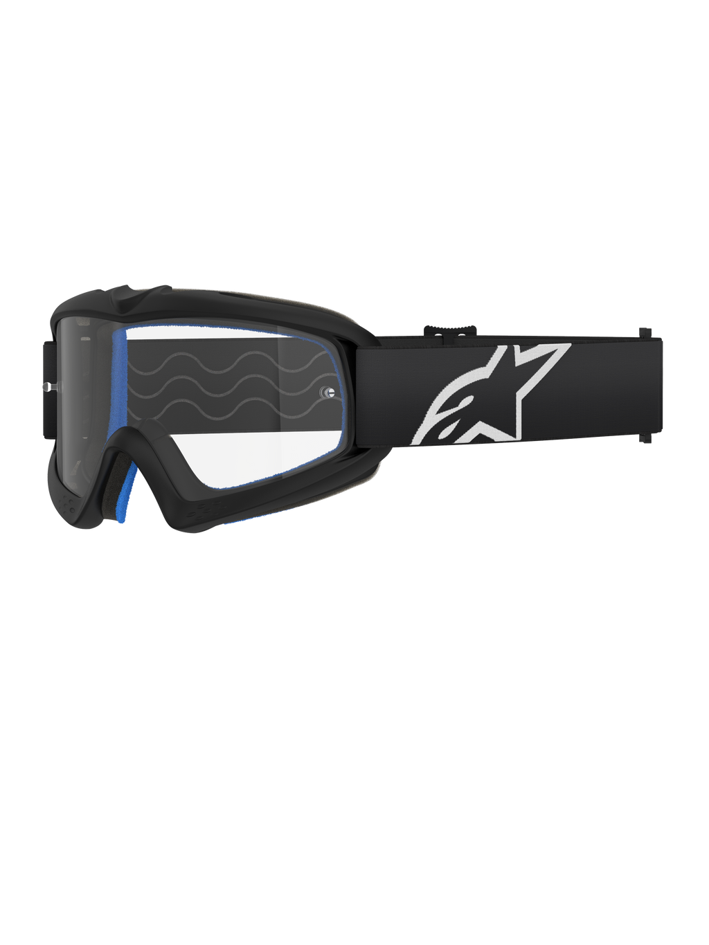 Alpinestars Vision Youth Corp briller, motocrossbriller til unge, sort med blå polstring, klar linse med bølgemønster, sort rem med hvidt stjerne-logo, strømlinet moderne design