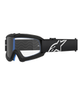Alpinestars Vision Youth Corp briller, motocrossbriller til unge, sort med blå polstring, klar linse med bølgemønster, sort rem med hvidt stjerne-logo, strømlinet moderne design