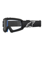 Alpinestars Vision Youth Corp briller, motocrossbriller til unge, sort med blå polstring, klar linse med bølgemønster, sort rem med hvidt stjerne-logo, strømlinet moderne design