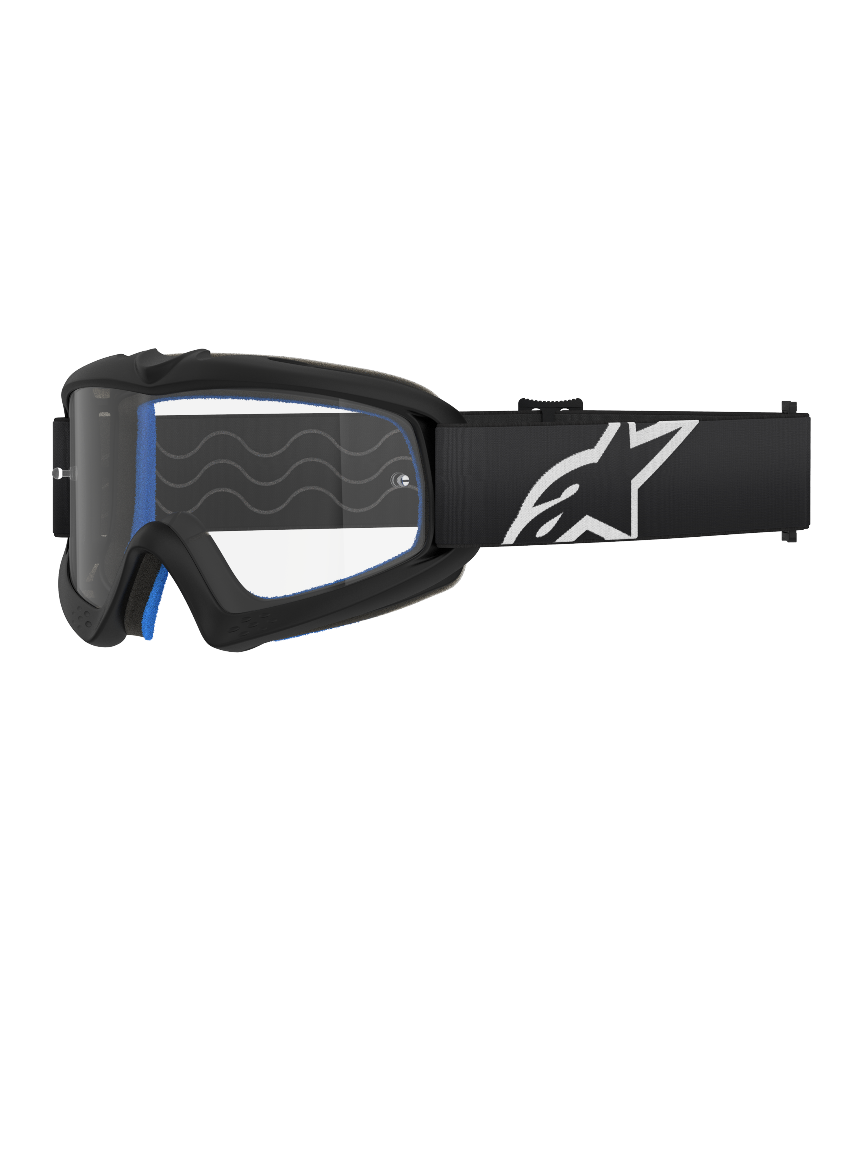 Alpinestars Vision Youth Corp briller, motocrossbriller til unge, sort med blå polstring, klar linse med bølgemønster, sort rem med hvidt stjerne-logo, strømlinet moderne design