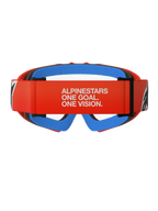 Alpinestars Vision Youth Corp Goggles, motocross-briller, orange med klar linse, set bagfra med orange rem med hvidt Alpinestars-slogan, blåt indvendigt ansigtsskum og klar polycarbonat-linse