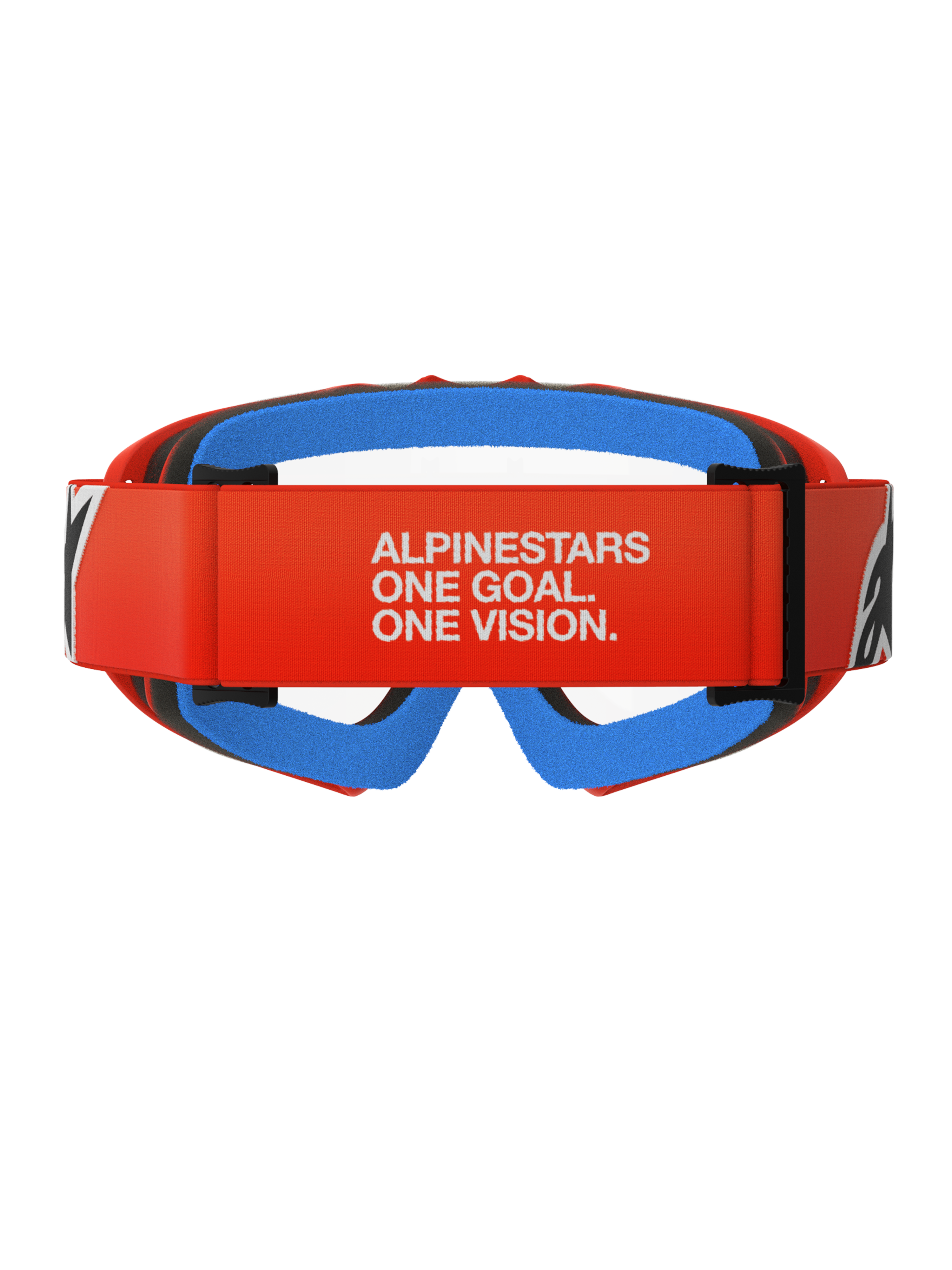 Alpinestars Vision Youth Corp Goggles, motocross-briller, orange med klar linse, set bagfra med orange rem med hvidt Alpinestars-slogan, blåt indvendigt ansigtsskum og klar polycarbonat-linse