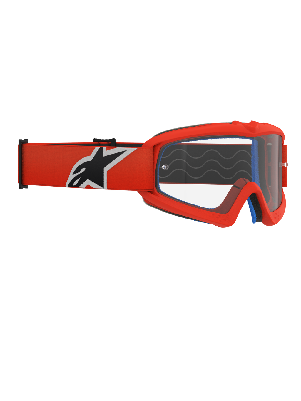 Alpinestars Vision Youth Corp Goggles, motocross-goggles til unge, orange ramme og klar linse, orange rem med markant sort og hvidt Alpinestars-logo, synligt blåt ansigtsskum, silikone-gribebølger, dugfri polykarbonatlinse til off-road racing