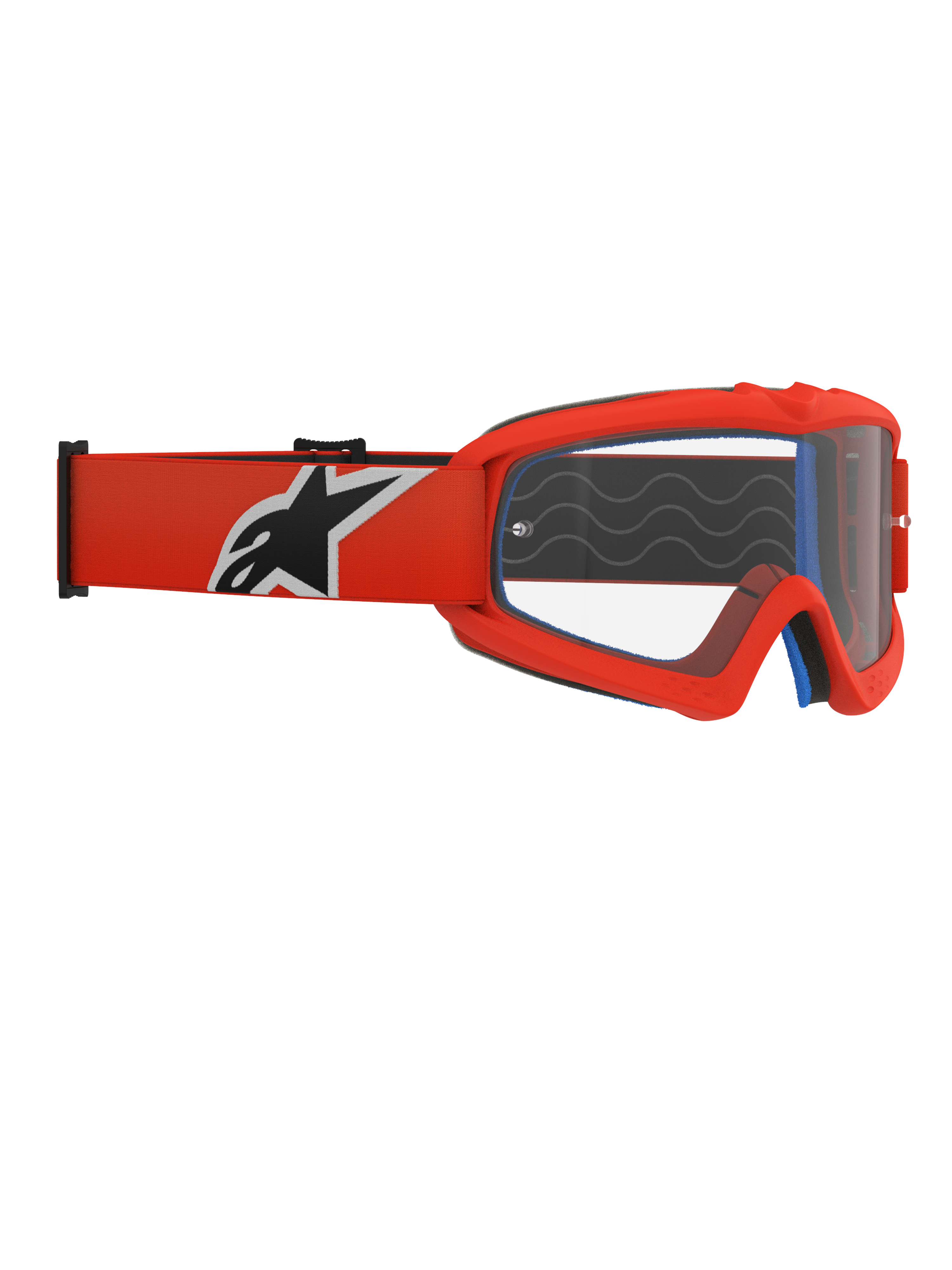 Alpinestars Vision Youth Corp Goggles, motocross-goggles til unge, orange ramme og klar linse, orange rem med markant sort og hvidt Alpinestars-logo, synligt blåt ansigtsskum, silikone-gribebølger, dugfri polykarbonatlinse til off-road racing