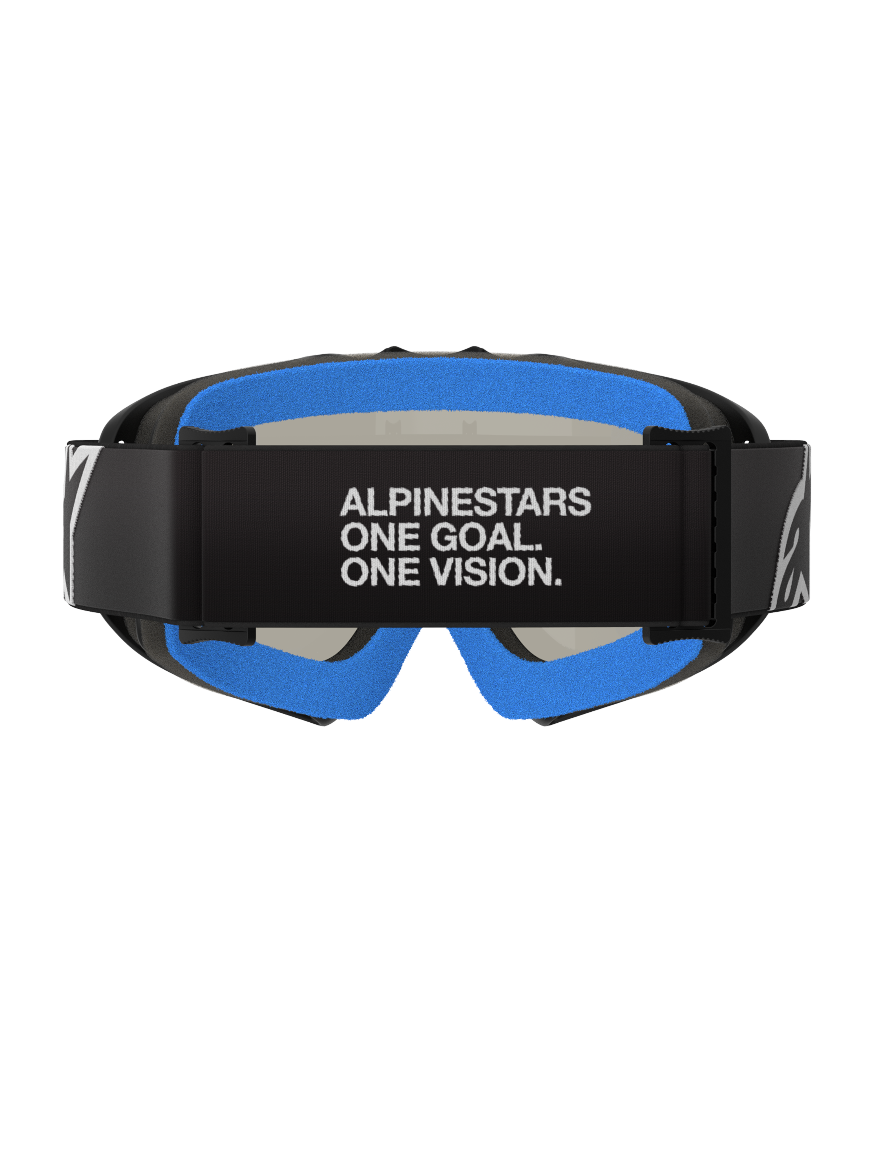 Alpinestars Vision Youth Corp briller, Black Mirror Silver, motocross-briller, set bagfra med sort rem med hvid 'ALPINESTARS ONE GOAL. ONE VISION.' tekst, lysende blåt plys-ansigtsskum og sort A-FLEX-ramme.