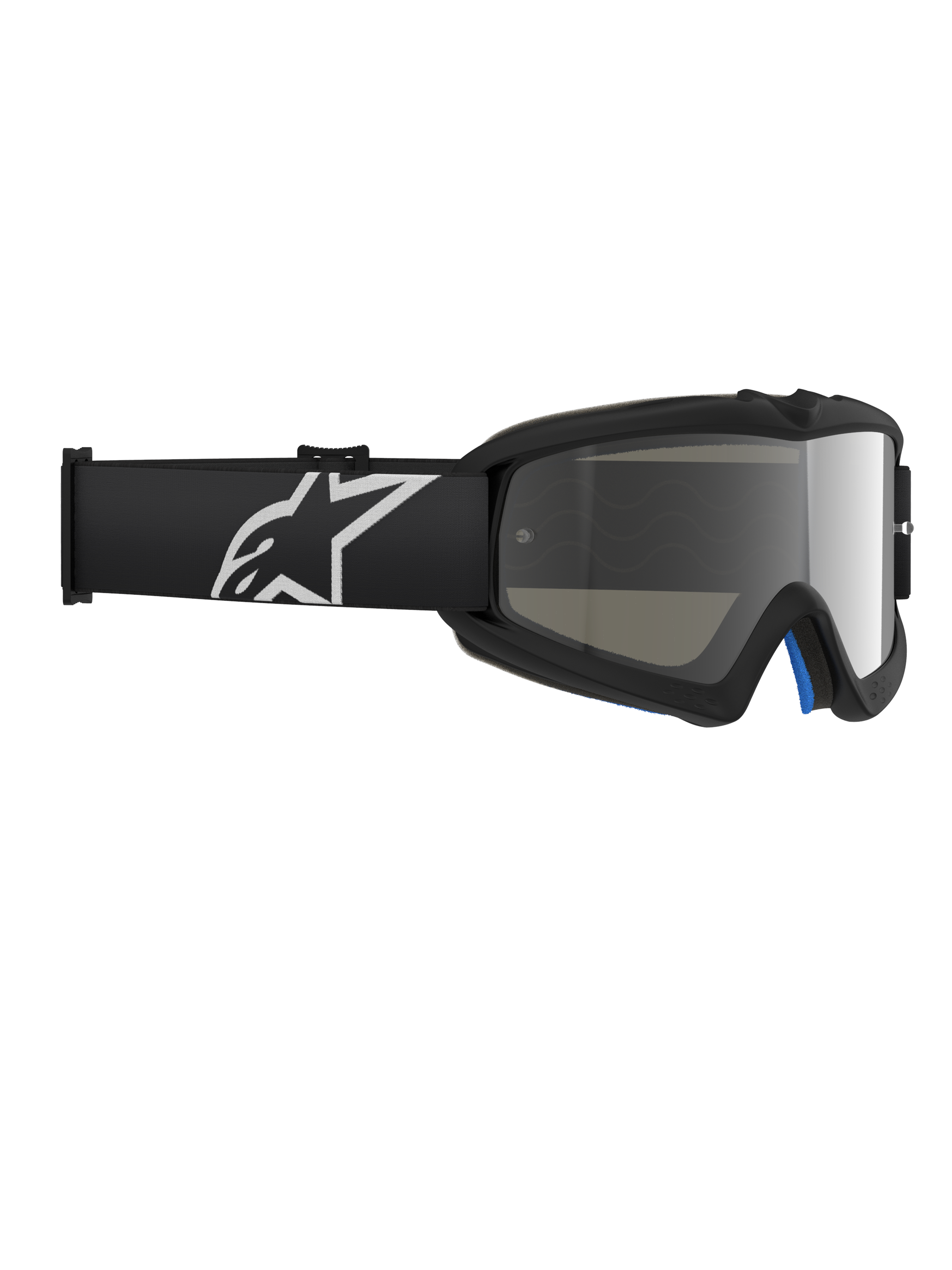 Alpinestars Vision Youth Corp briller, motocross-briller, sort og sølvspejl, med en spejlet polycarbonatlinse og en sort rem med hvidt Alpinestars-logo, designet til unge kørere