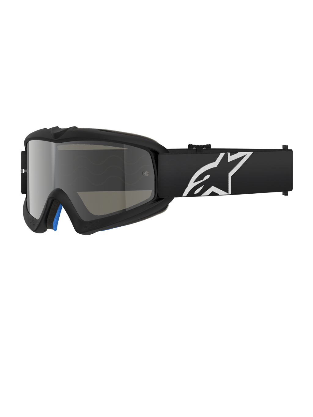 Alpinestars Vision Youth Corp briller, sorte motocross-briller med sølvfarvet spejllinse, ungdomsstørrelse, sort justerbar rem med hvidt stjernelogo, blå indvendig skumpolstring, designet til off-road motorcykelløb