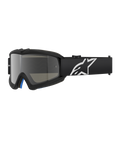 Alpinestars Vision Youth Corp briller, sorte motocross-briller med sølvfarvet spejllinse, ungdomsstørrelse, sort justerbar rem med hvidt stjernelogo, blå indvendig skumpolstring, designet til off-road motorcykelløb