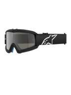Alpinestars Vision Youth Corp briller, sorte motocross-briller med sølvfarvet spejllinse, ungdomsstørrelse, sort justerbar rem med hvidt stjernelogo, blå indvendig skumpolstring, designet til off-road motorcykelløb