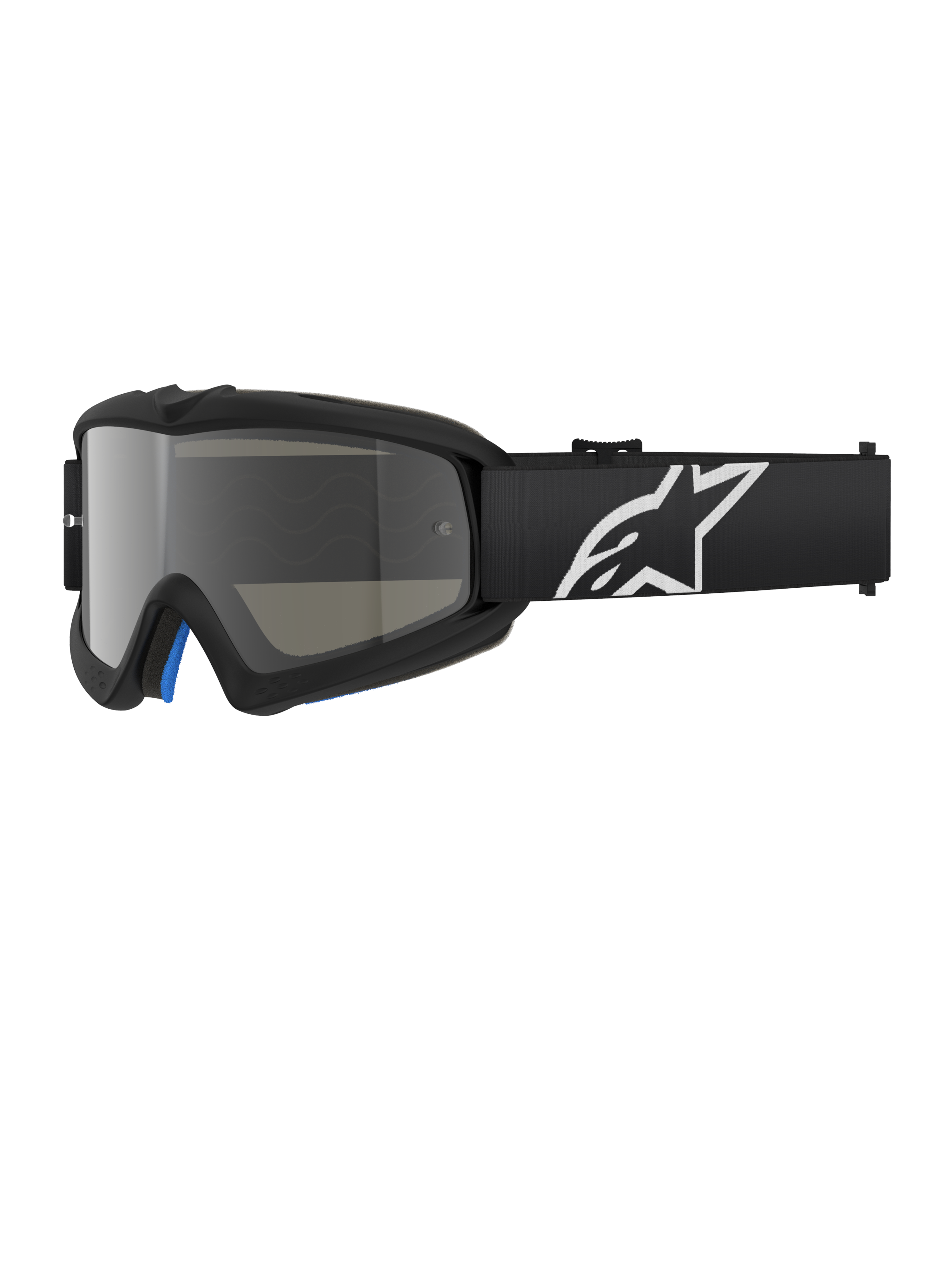 Alpinestars Vision Youth Corp briller, sorte motocross-briller med sølvfarvet spejllinse, ungdomsstørrelse, sort justerbar rem med hvidt stjernelogo, blå indvendig skumpolstring, designet til off-road motorcykelløb