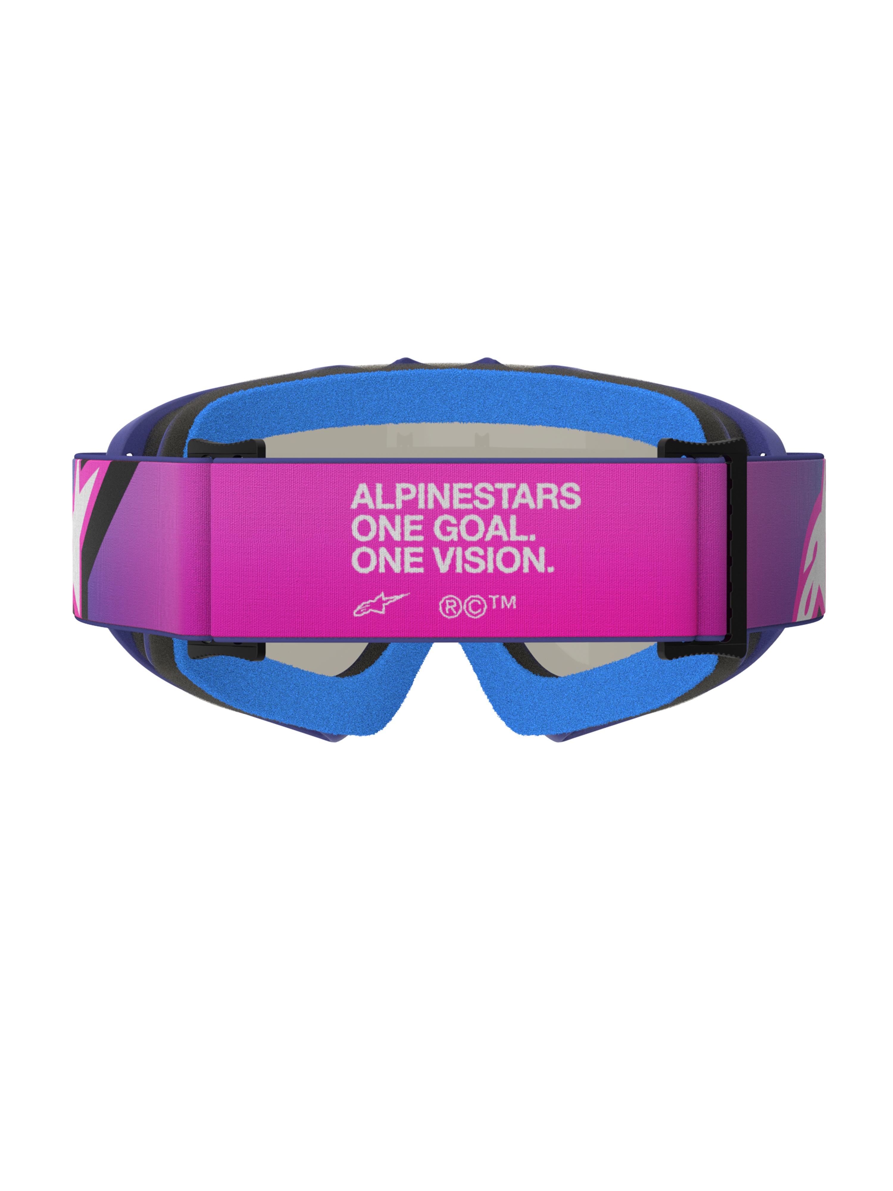 Alpinestars Vision Youth Corp Goggles, motocross-briller, lilla, fluoriserende pink og spejlblå, set bagfra med en pink justerbar rem med hvid 'ALPINESTARS ONE GOAL. ONE VISION.'-tekst, blåt polstret ansigtsskum og lilla urethan-ramme, designet til unge off-road-ryttere