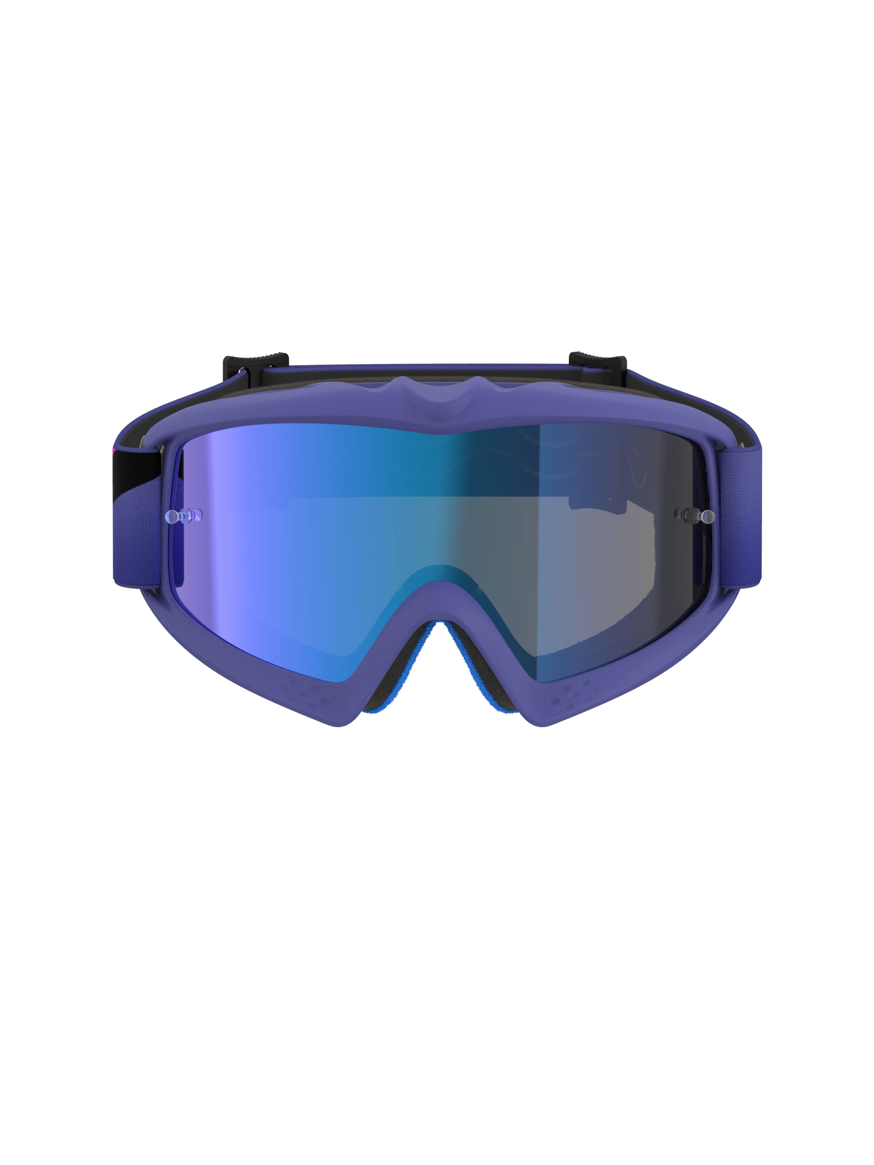 Alpinestars Vision Youth Corp Goggles, motocross-goggles, lilla og fluo pink ramme med Mirror Blue-linse, off-road øjenbeskyttelse til unge, set forfra viser A-FLEX-ramme og multi-stage ansigtsskum-konstruktion