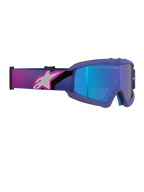 Alpinestars Vision Youth Corp goggles, motocross-briller, lilla og fluo pink ramme med Mirror Blue-linse, bred elastisk rem med lyserødt og hvidt Alpinestars-logo, højtydende off-road briller til unge ryttere