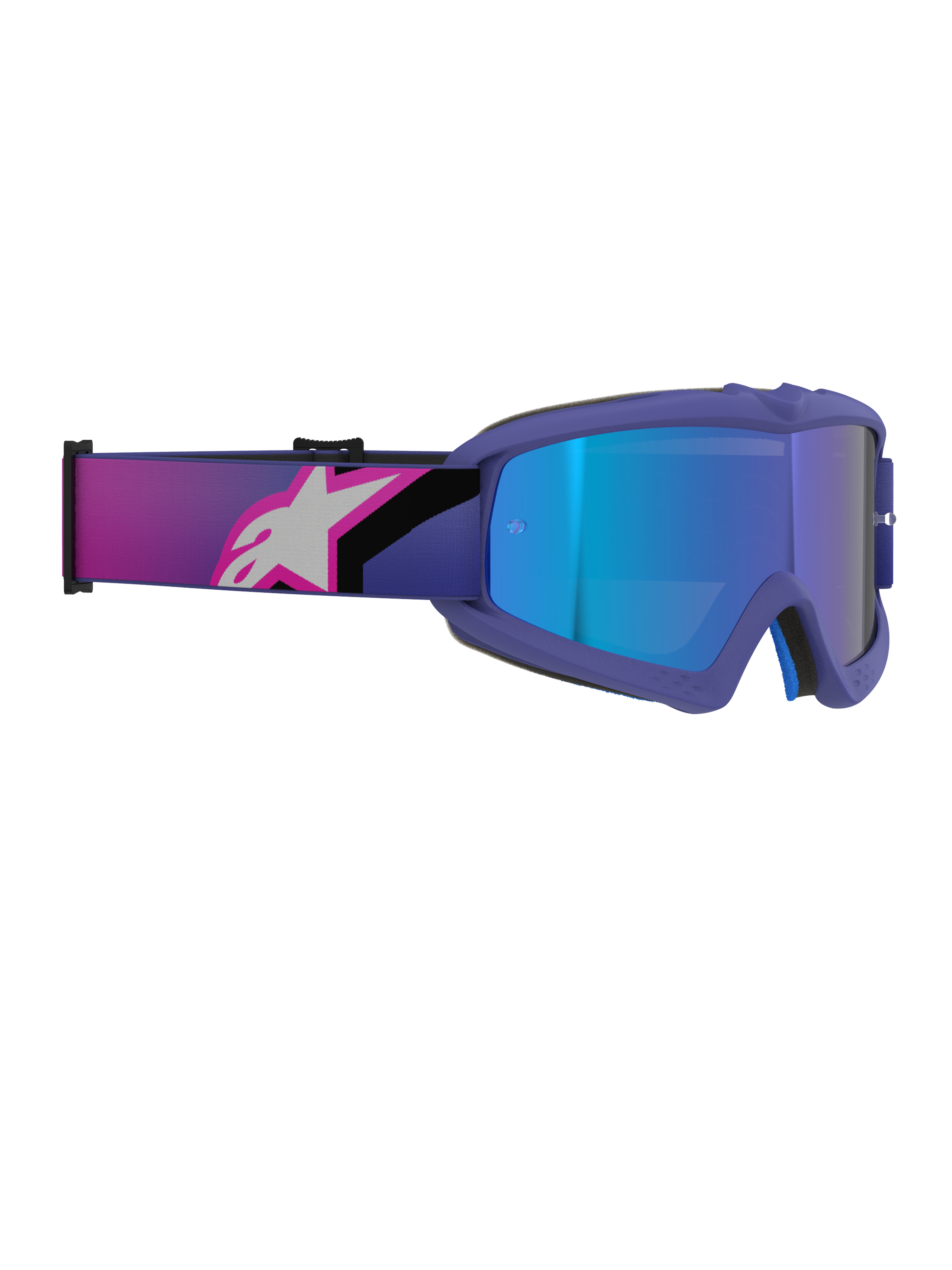 Alpinestars Vision Youth Corp goggles, motocross-briller, lilla og fluo pink ramme med Mirror Blue-linse, bred elastisk rem med lyserødt og hvidt Alpinestars-logo, højtydende off-road briller til unge ryttere
