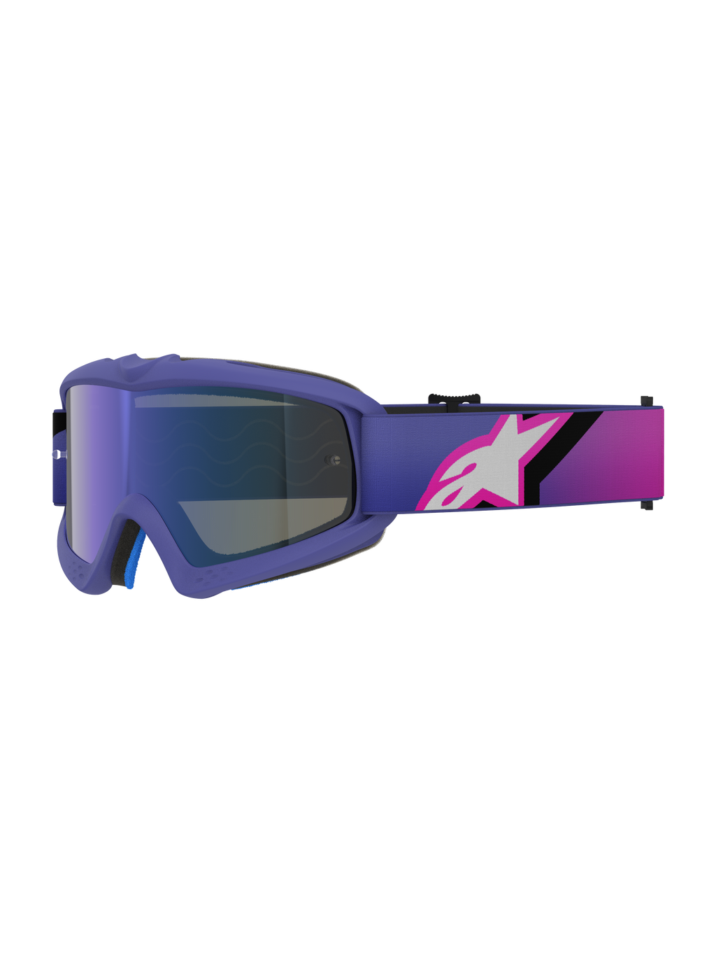 Alpinestars Vision Youth Corp goggles, motocross-briller, lilla og fluo pink, med Mirror Blue-linse og rem med farveovergang og hvidt Alpinestars-logo, designet til unge off-road-ryttere
