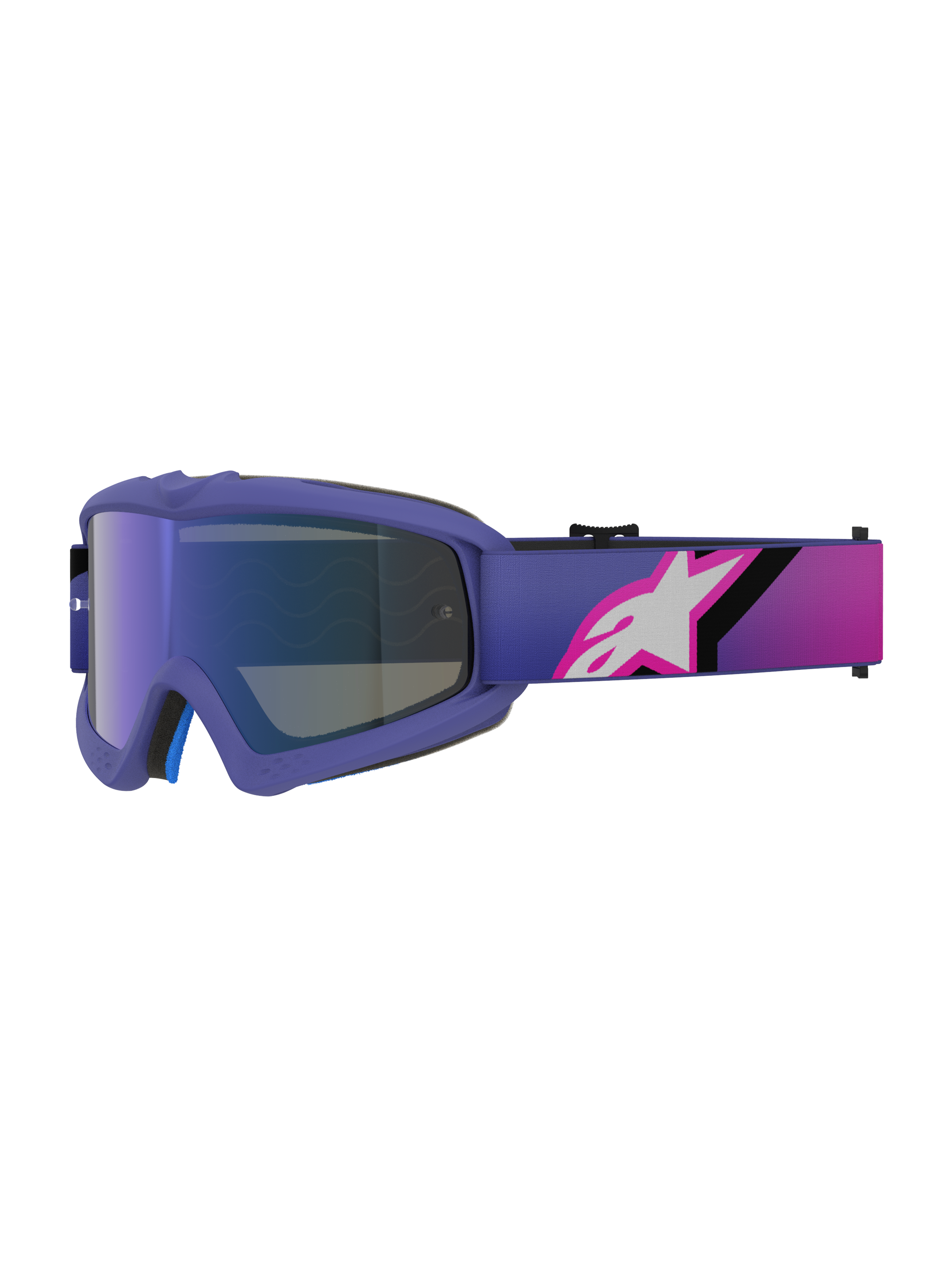 Alpinestars Vision Youth Corp goggles, motocross-briller, lilla og fluo pink, med Mirror Blue-linse og rem med farveovergang og hvidt Alpinestars-logo, designet til unge off-road-ryttere