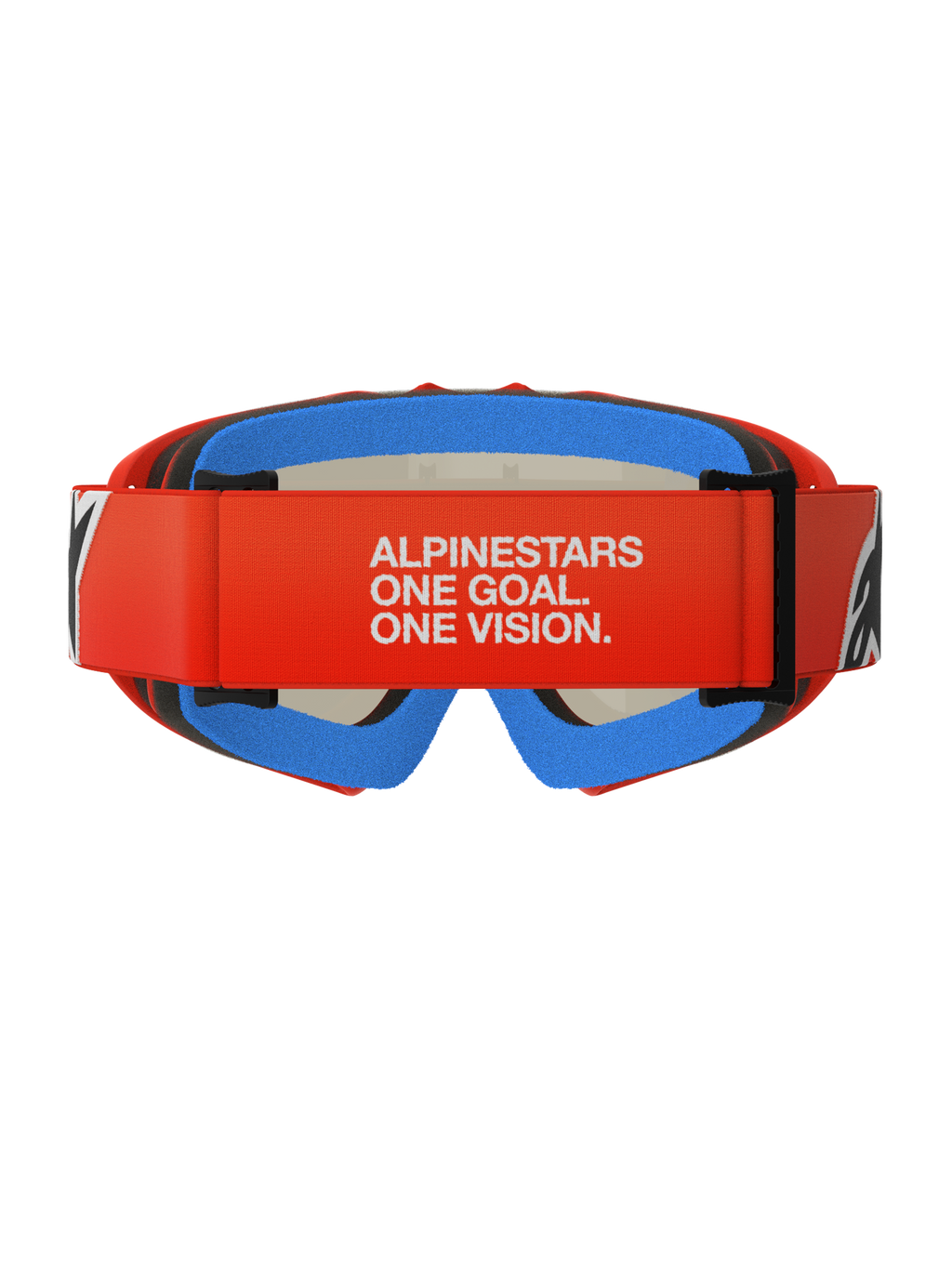 Alpinestars Vision Youth Corp Goggles, motocross-briller til unge, orange og rød med blåt skum, set bagfra med bred rød rem med hvid 'ALPINESTARS ONE GOAL. ONE VISION.'-tekst, flerlags komfortskum for en sikker pasform