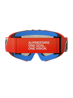 Alpinestars Vision Youth Corp Goggles, motocross-briller til unge, orange og rød med blåt skum, set bagfra med bred rød rem med hvid 'ALPINESTARS ONE GOAL. ONE VISION.'-tekst, flerlags komfortskum for en sikker pasform