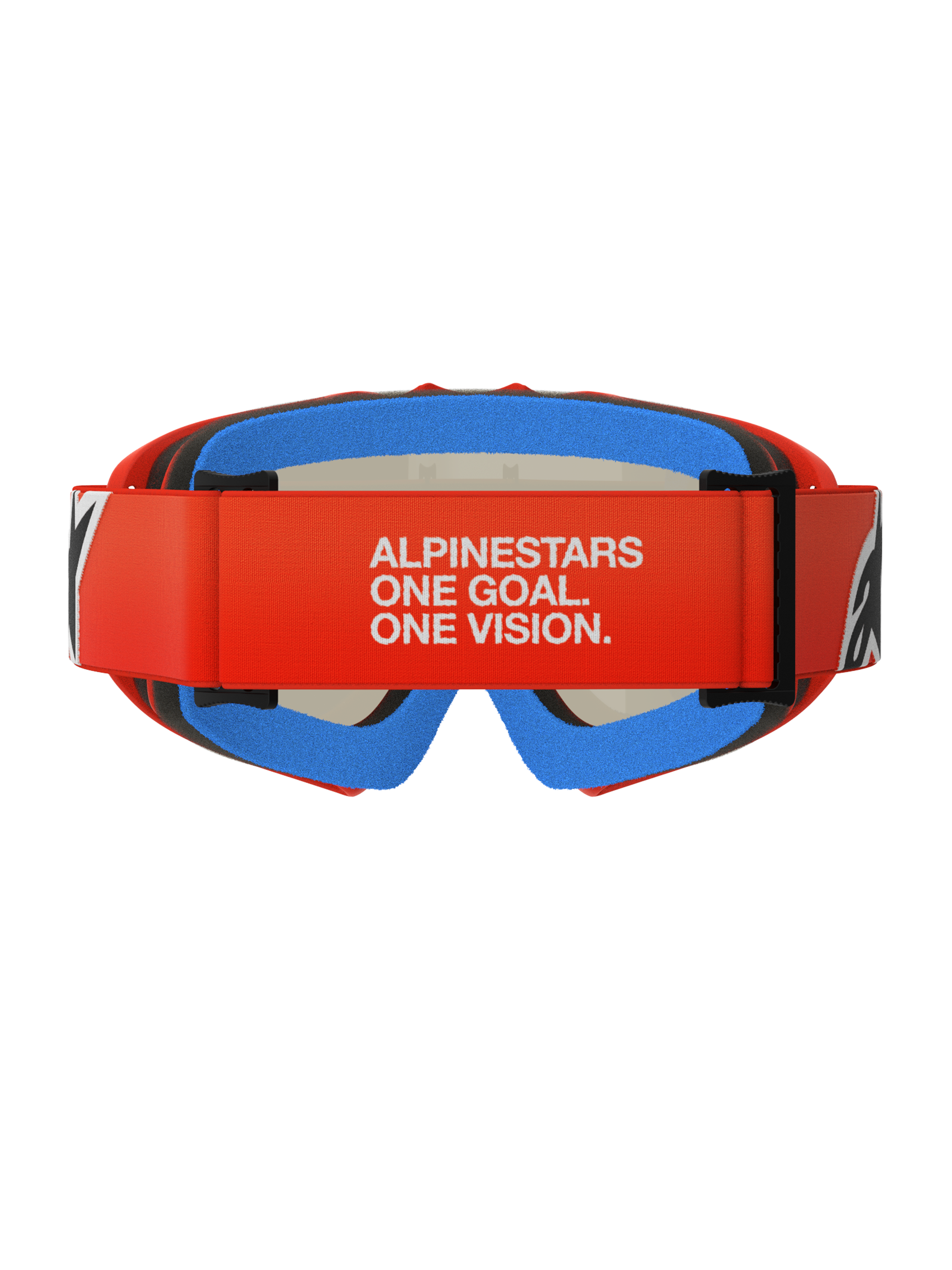 Alpinestars Vision Youth Corp Goggles, motocross-briller til unge, orange og rød med blåt skum, set bagfra med bred rød rem med hvid 'ALPINESTARS ONE GOAL. ONE VISION.'-tekst, flerlags komfortskum for en sikker pasform