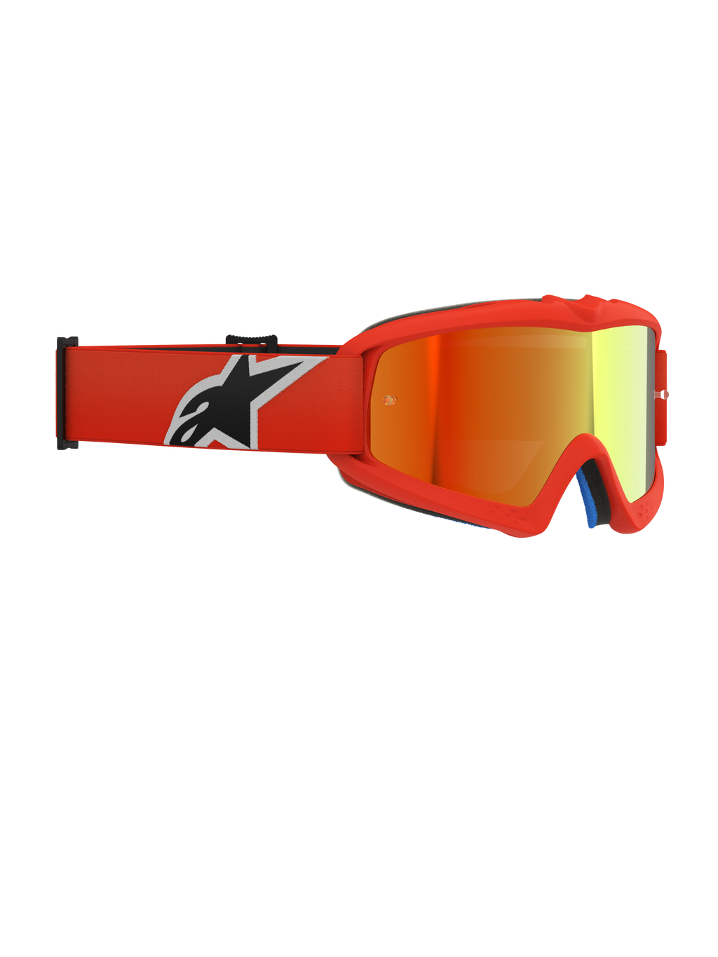 Alpinestars Vision Youth Corp Goggles, motocross-briller, orange stel med Red Mirror-linse, med orange vævet rem med sort og hvidt logo, designet til unge kørere med anti-dug linse og urethan-ramme