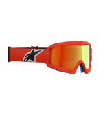 Alpinestars Vision Youth Corp Goggles, motocross-briller, orange stel med Red Mirror-linse, med orange vævet rem med sort og hvidt logo, designet til unge kørere med anti-dug linse og urethan-ramme