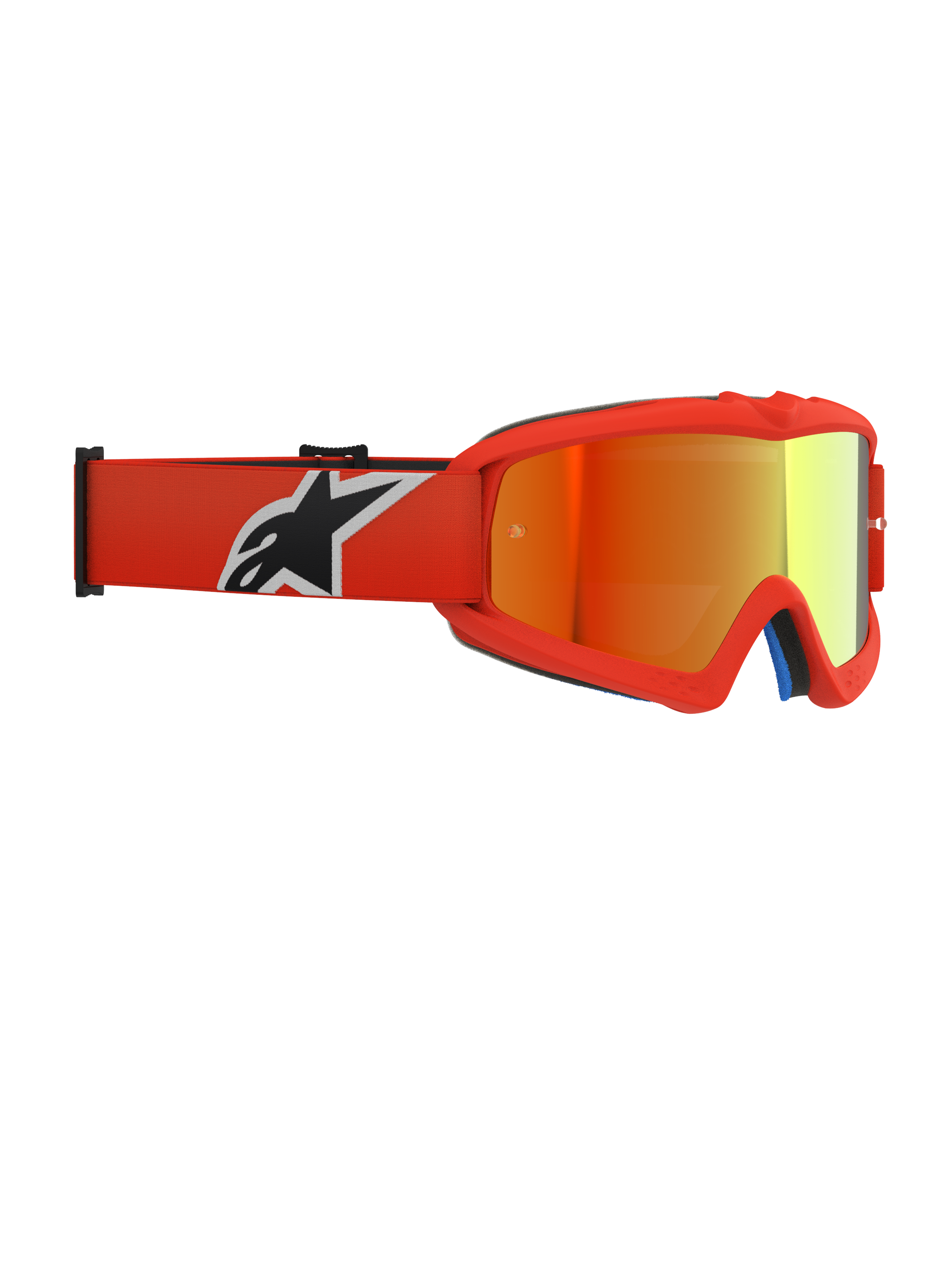 Alpinestars Vision Youth Corp Goggles, motocross-briller, orange stel med Red Mirror-linse, med orange vævet rem med sort og hvidt logo, designet til unge kørere med anti-dug linse og urethan-ramme