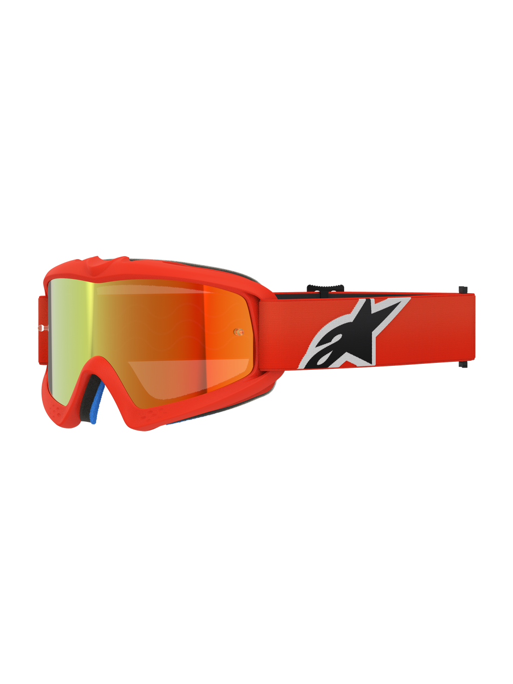 Alpinestars Vision Youth Corp briller, motocross-briller til unge, orange med rød mirror-linse, med sort og hvidt Alpinestars-logo på remmen, højtydende øjenbeskyttelse til terrænkørsel