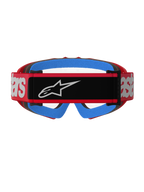 Alpinestars Vision Youth Blaze Goggles, rød og klar, set bagfra med en rød vævet rem, sort logolap og hvid branding, lyseblåt ansigtsskum og klar anti-dug linse, designet til motocross-racerløb for unge