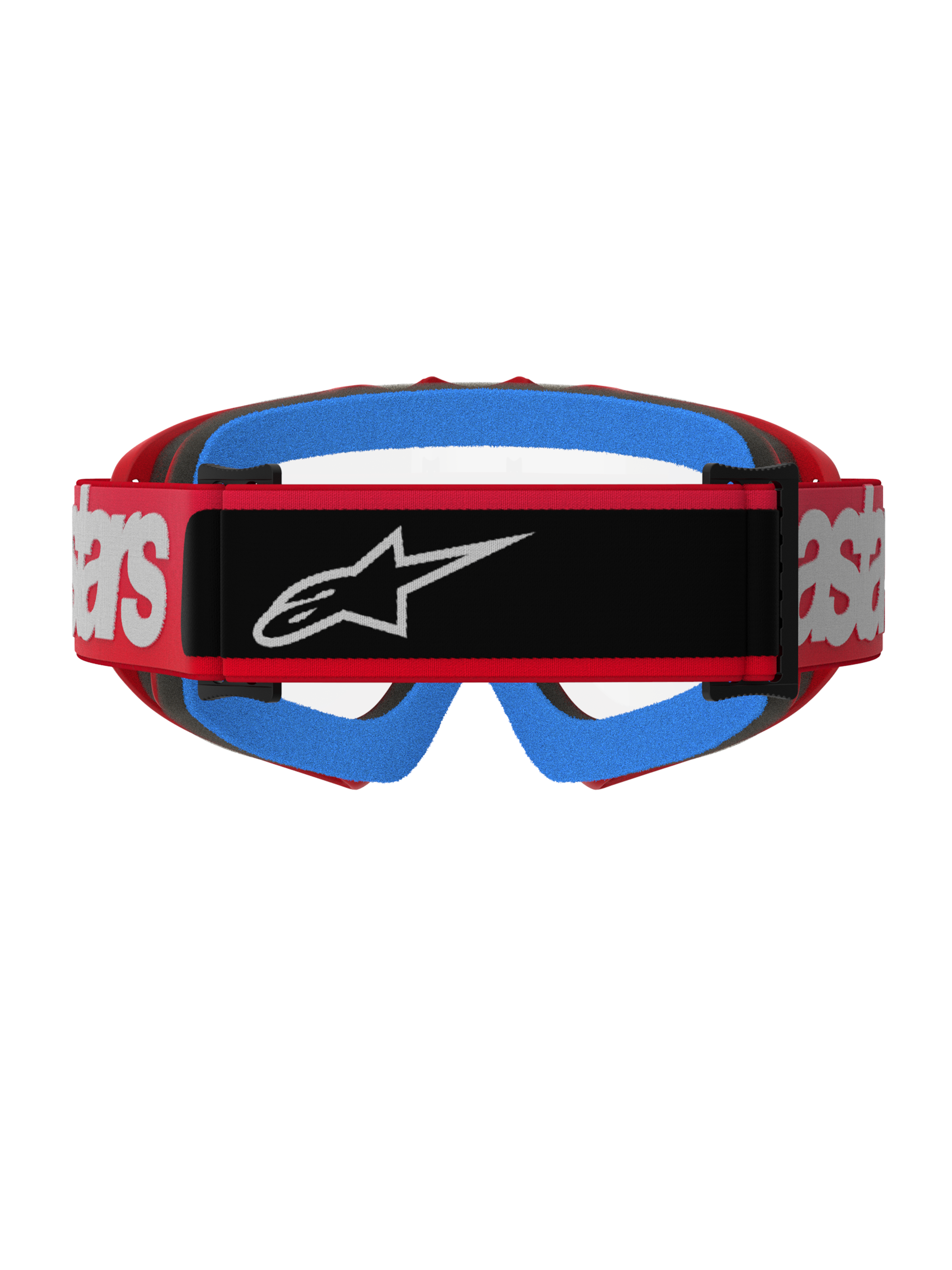 Alpinestars Vision Youth Blaze Goggles, rød og klar, set bagfra med en rød vævet rem, sort logolap og hvid branding, lyseblåt ansigtsskum og klar anti-dug linse, designet til motocross-racerløb for unge